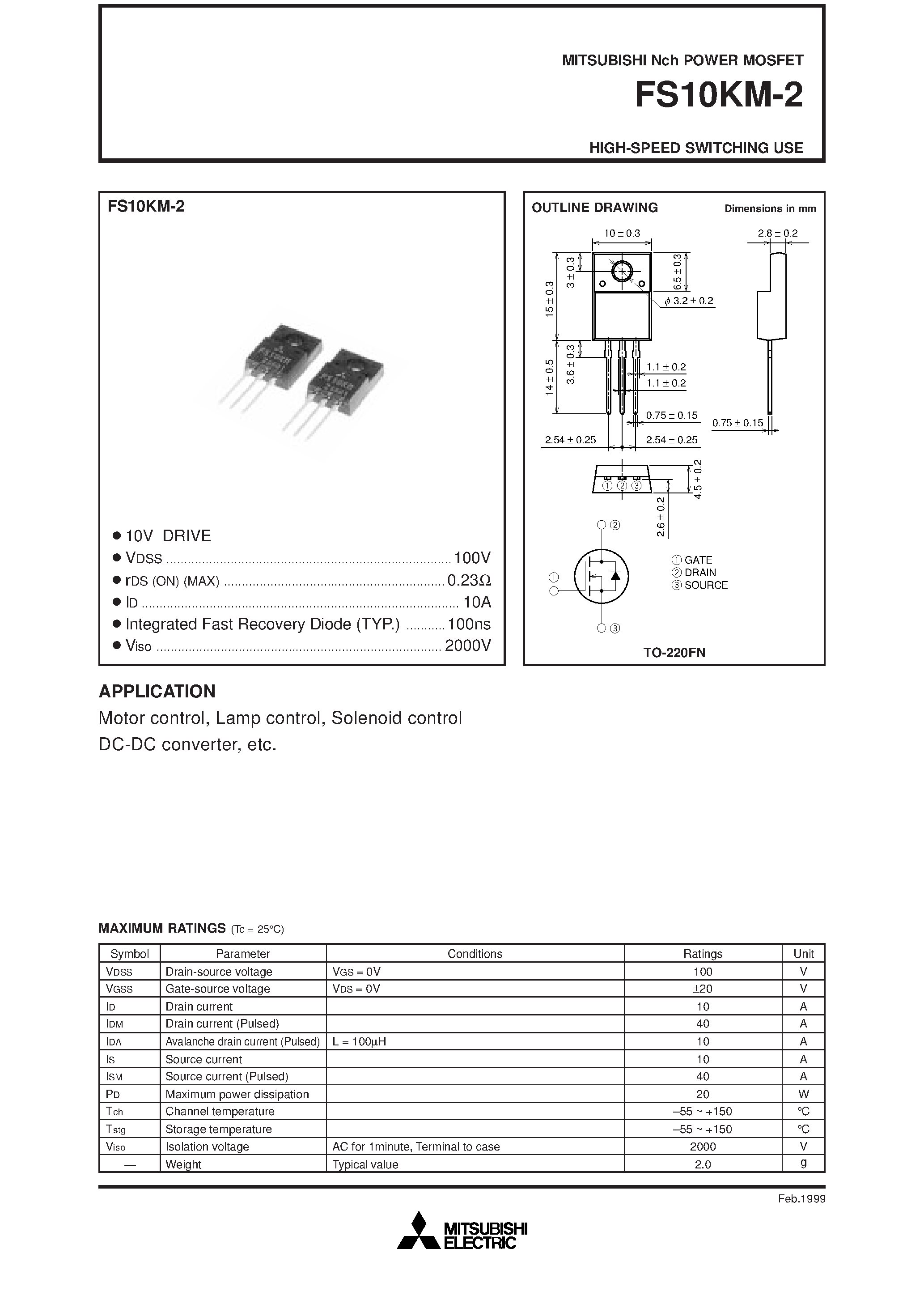 Datasheet FS10KM-2 - Nch POWER MOSFET HIGH-SPEED SWITCHING USE page 1