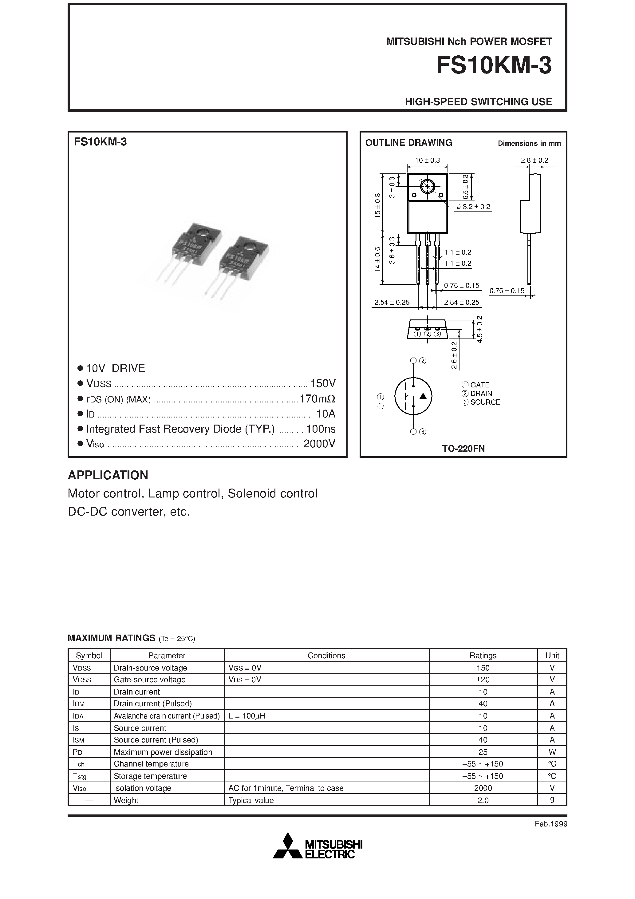 Datasheet FS10KM-3 page 1 Datasheet FS10KM-3 - Nch POWER MOSFET HIGH-SPEED SWITCHING USE page 1