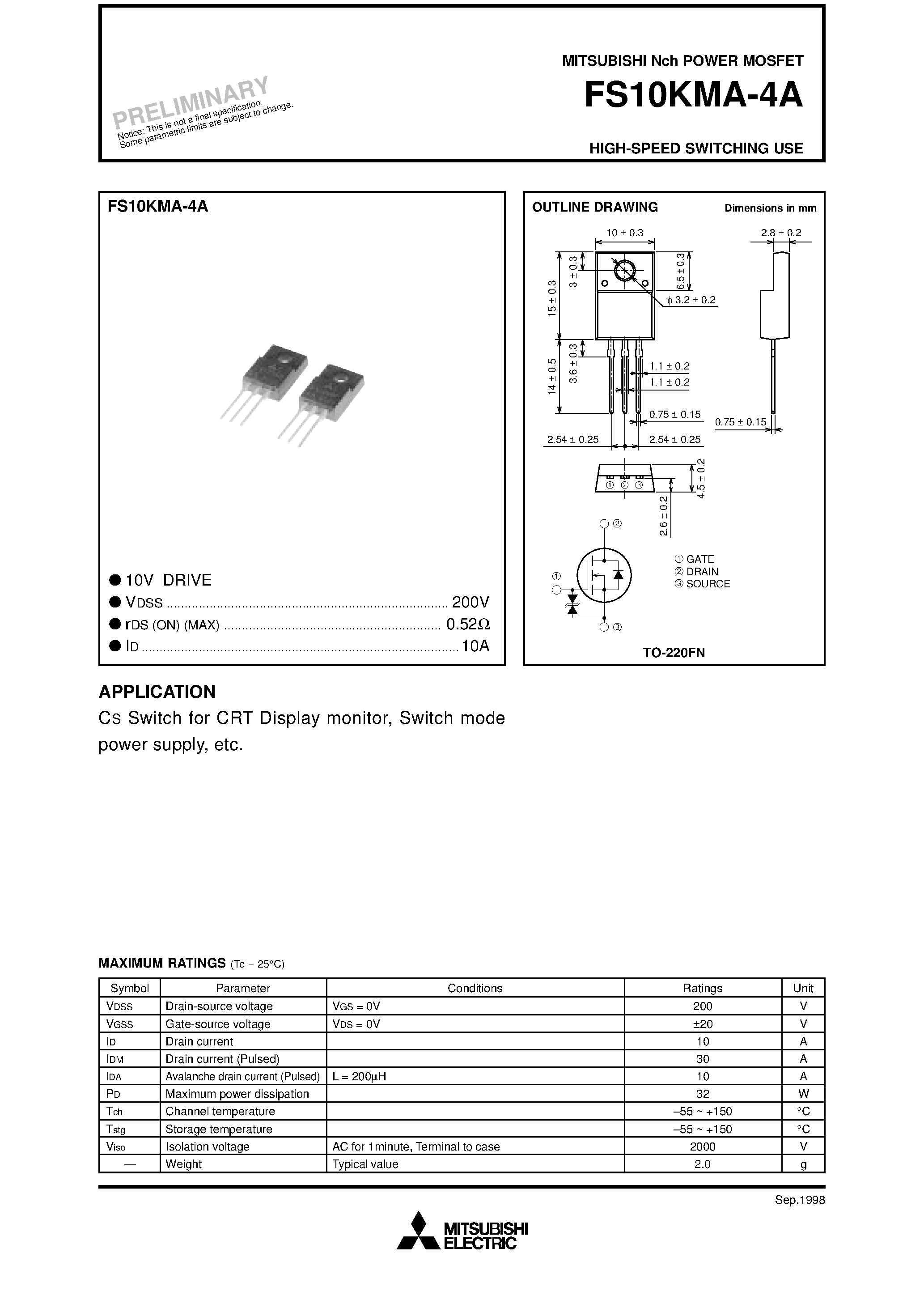 Даташит на микросхему FS10KMA-4A страница 1 Даташит FS10KMA-4A - Nch POWER MOSFET HIGH-SPEED SWITCHING USE страница 1
