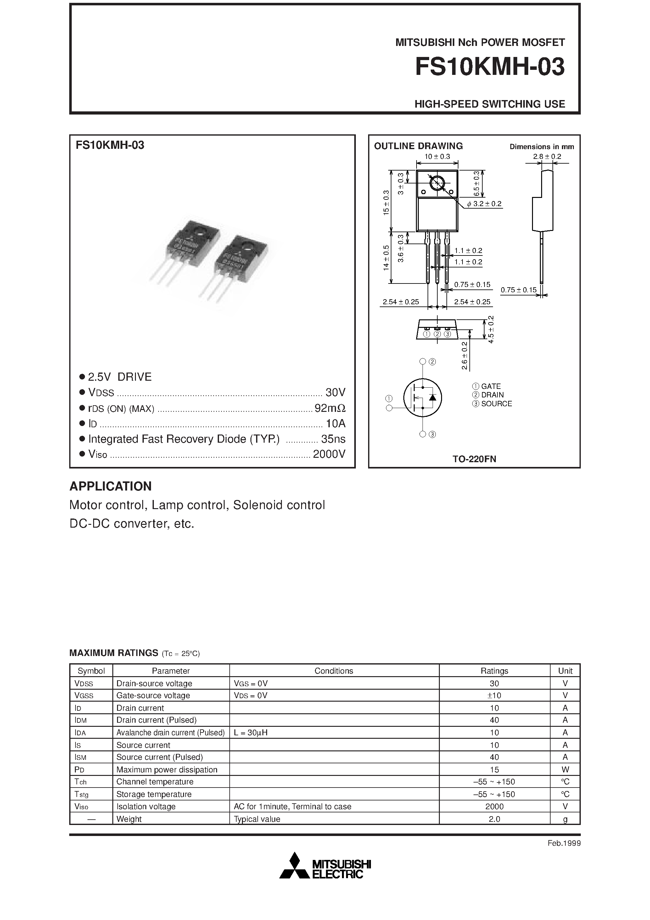 Даташит FS10KMH-03 - HIGH-SPEED SWITCHING USE страница 1
