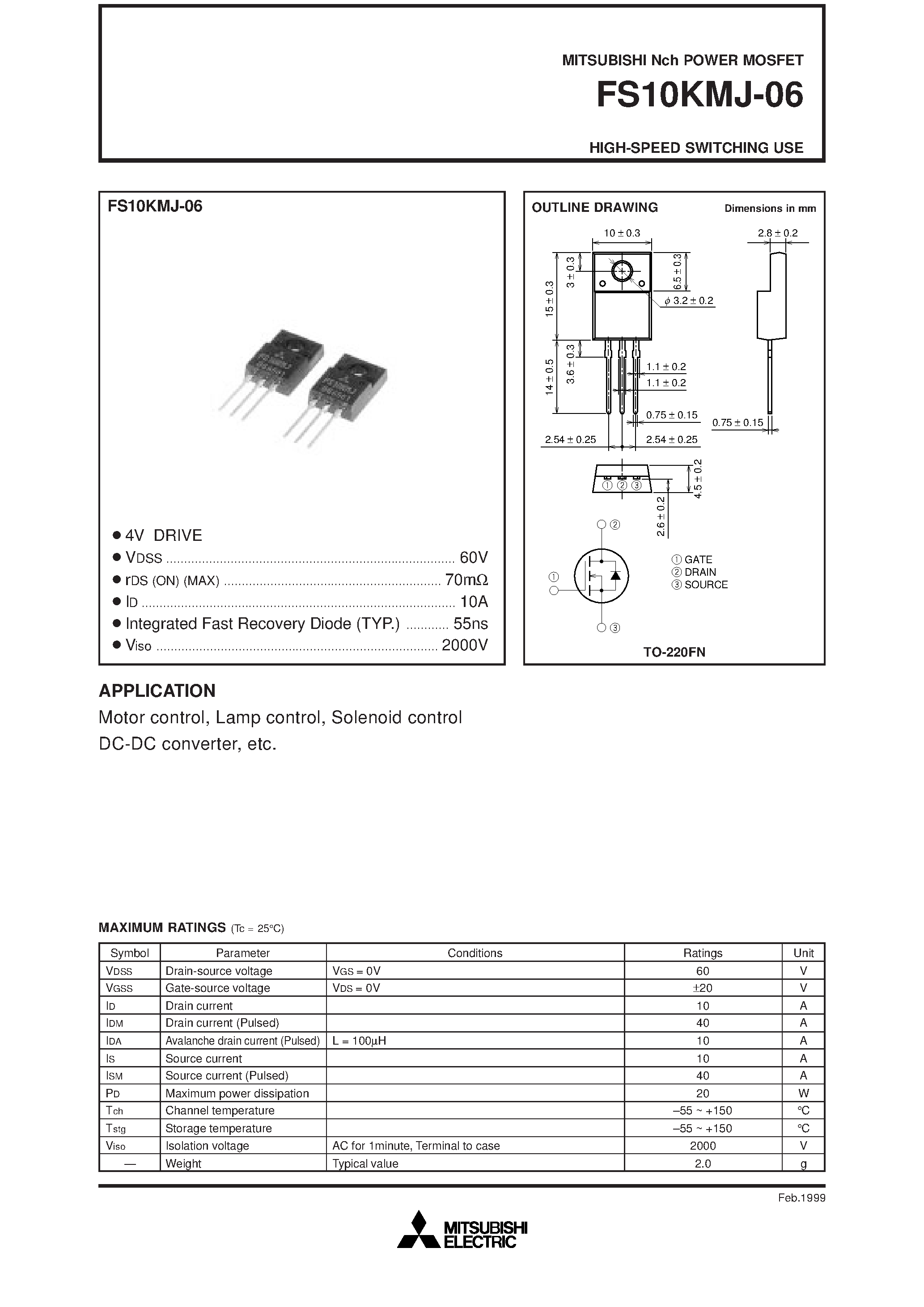 Даташит FS10KMJ-06 - HIGH-SPEED SWITCHING USE страница 1