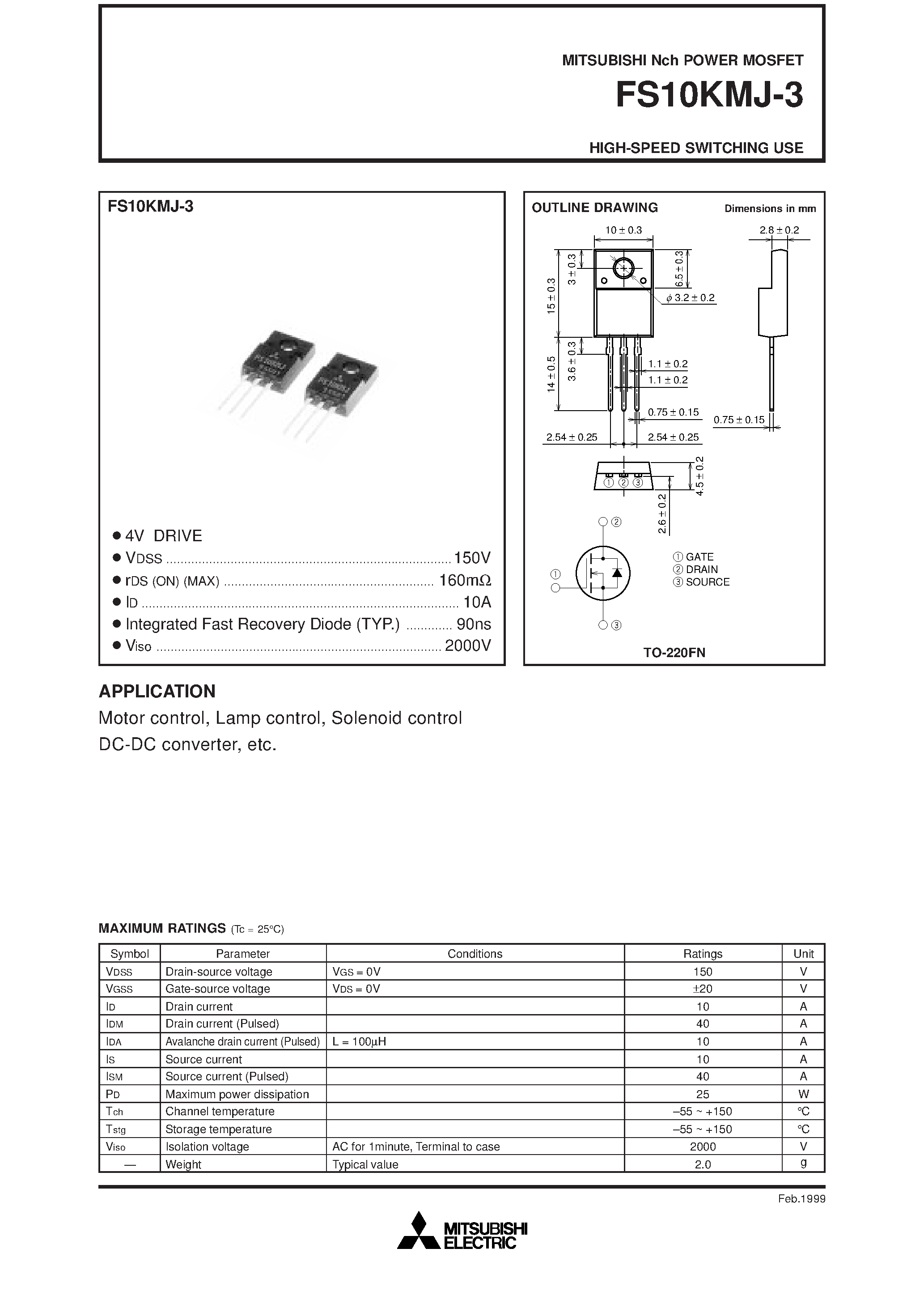 Datasheet FS10KMJ-3 page 1 Datasheet FS10KMJ-3 - Nch POWER MOSFET HIGH-SPEED SWITCHING USE page 1