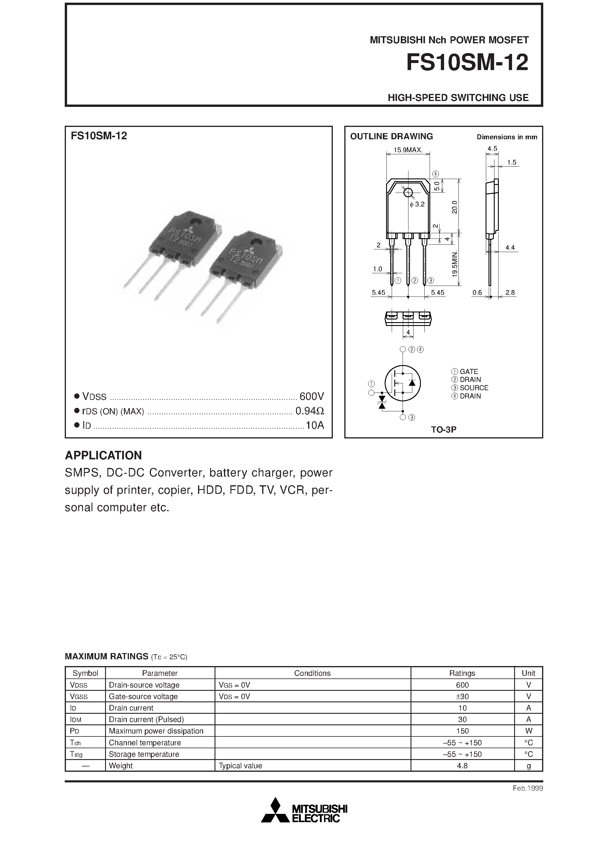 Даташит на микросхему FS10SM-12 страница 1 Даташит FS10SM-12 - Nch POWER MOSFET HIGH-SPEED SWITCHING USE страница 1