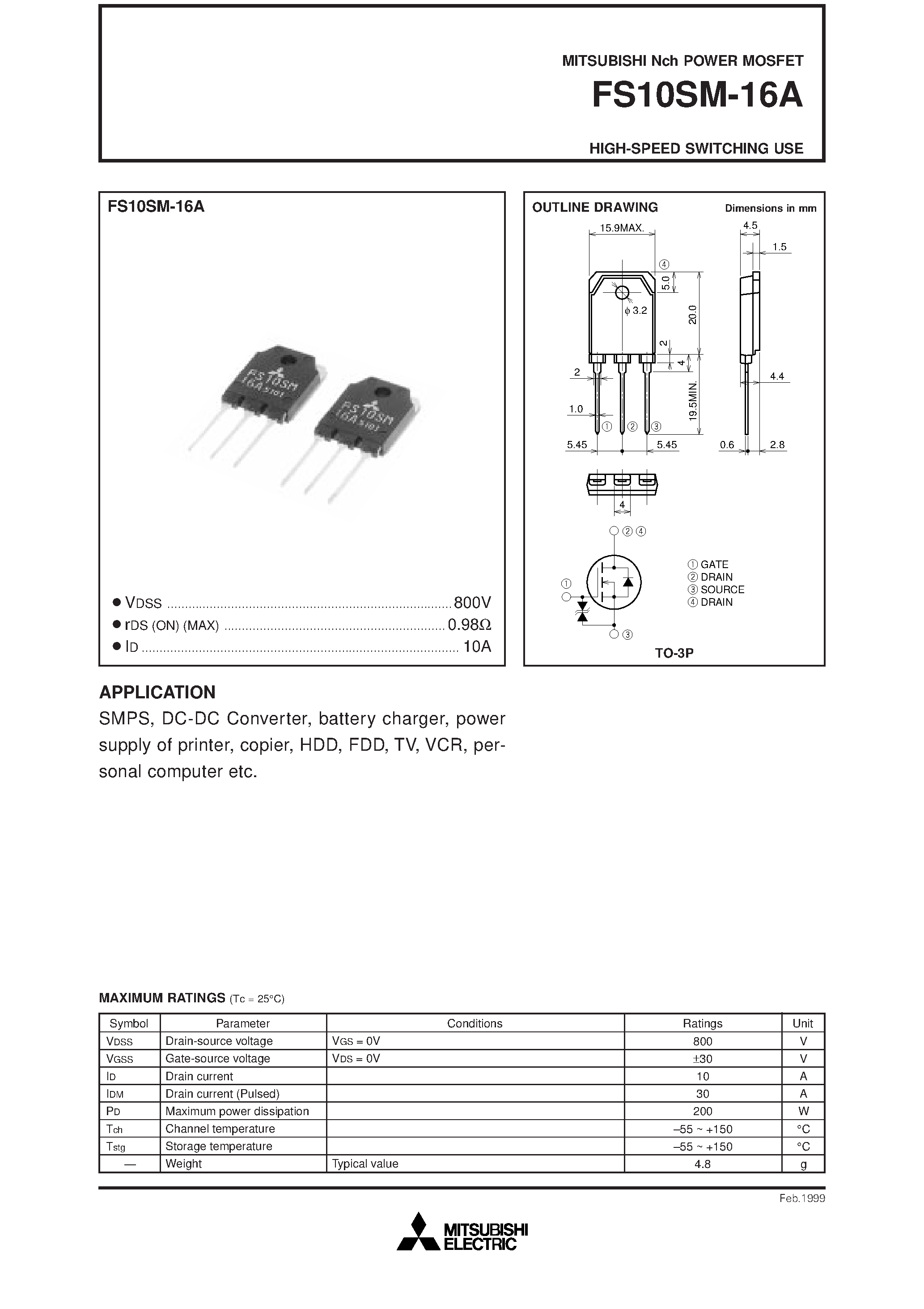 Даташит на микросхему FS10SM-16A страница 1 Даташит FS10SM-16A - Nch POWER MOSFET HIGH-SPEED SWITCHING USE страница 1