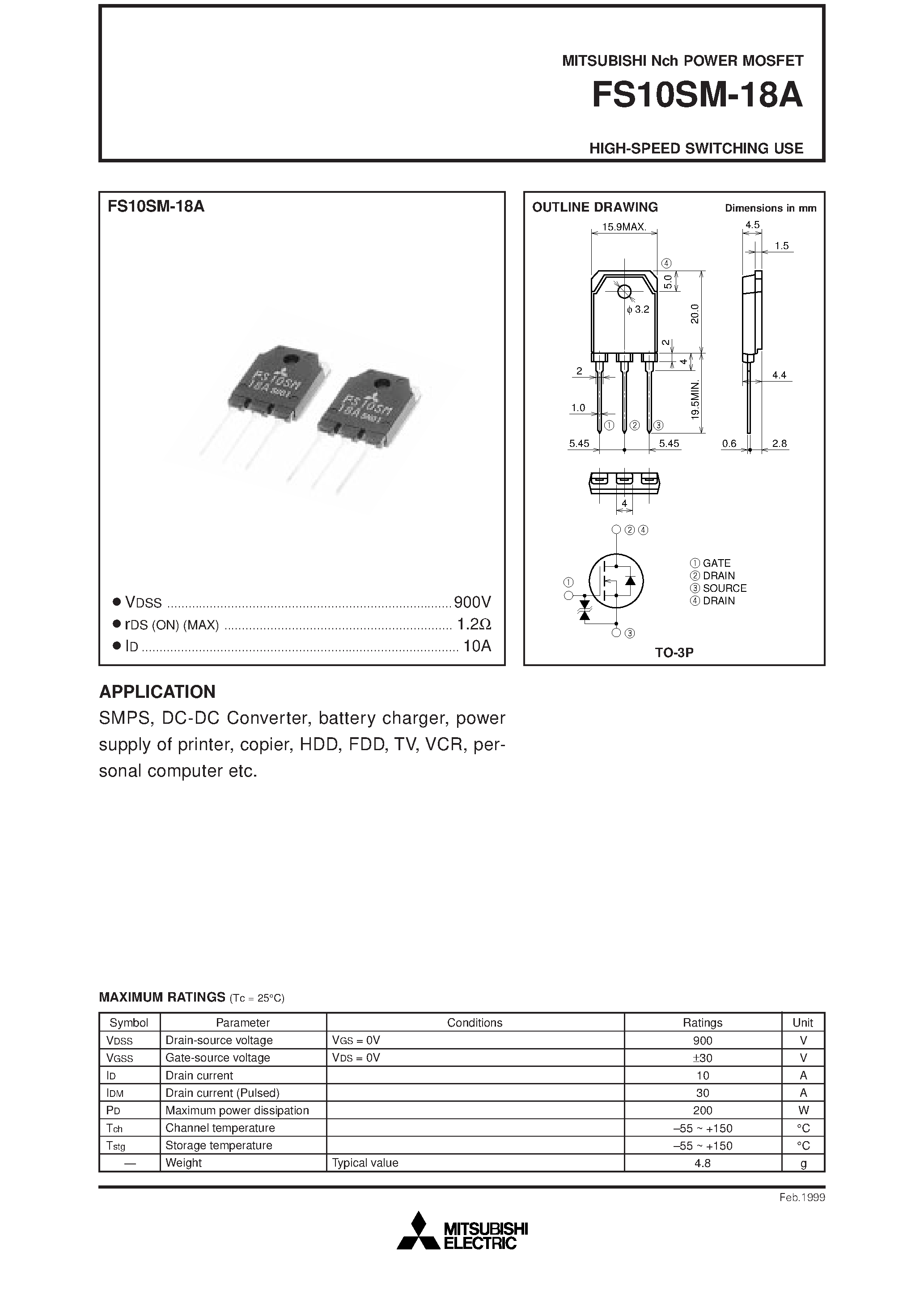 Даташит на микросхему FS10SM-18A страница 1 Даташит FS10SM-18A - Nch POWER MOSFET HIGH-SPEED SWITCHING USE страница 1