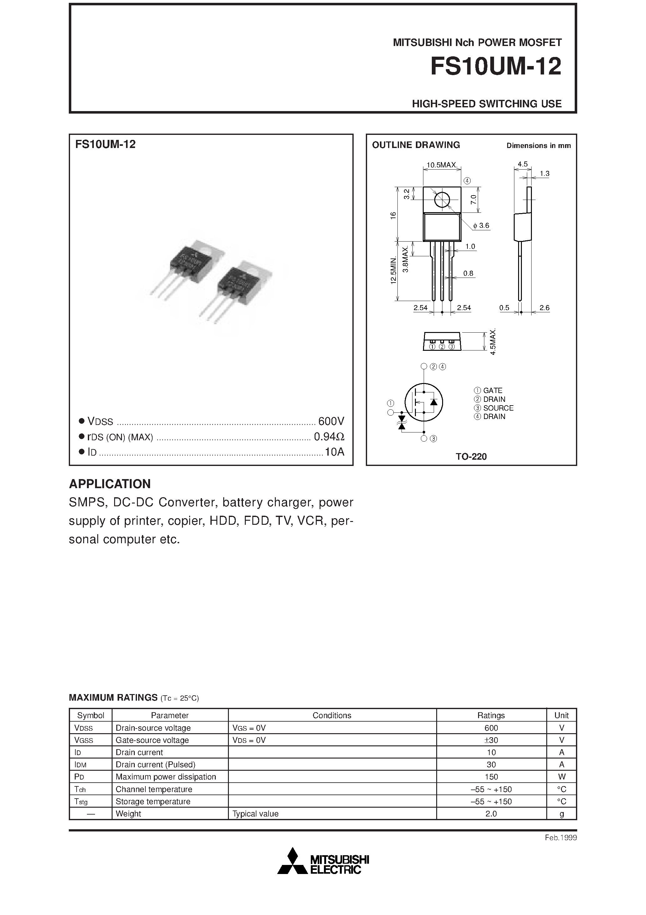 Даташит FS10UM-12 - HIGH-SPEED SWITCHING USE страница 1