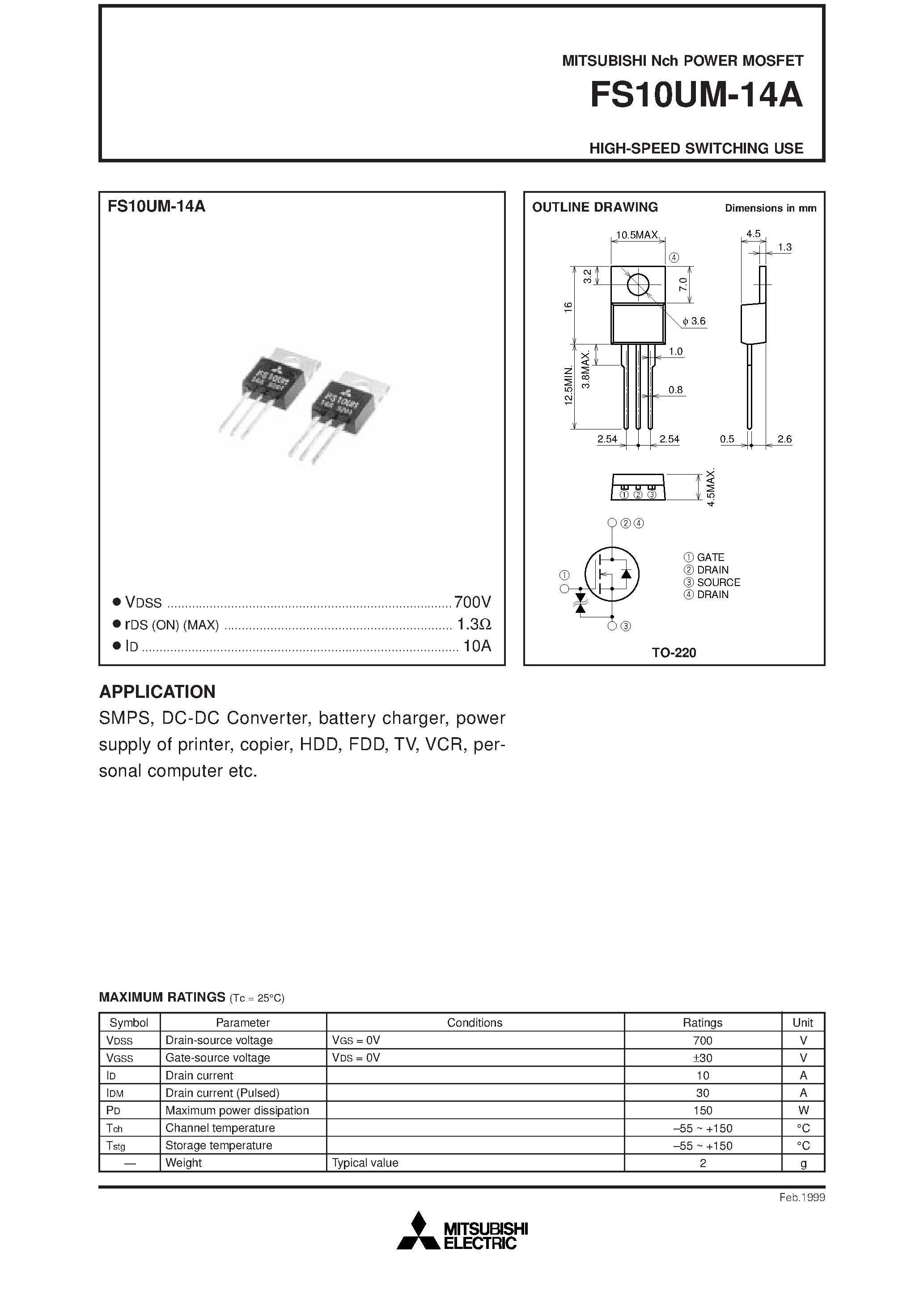 Даташит на микросхему FS10UM-14A страница 1 Даташит FS10UM-14A - HIGH-SPEED SWITCHING USE страница 1