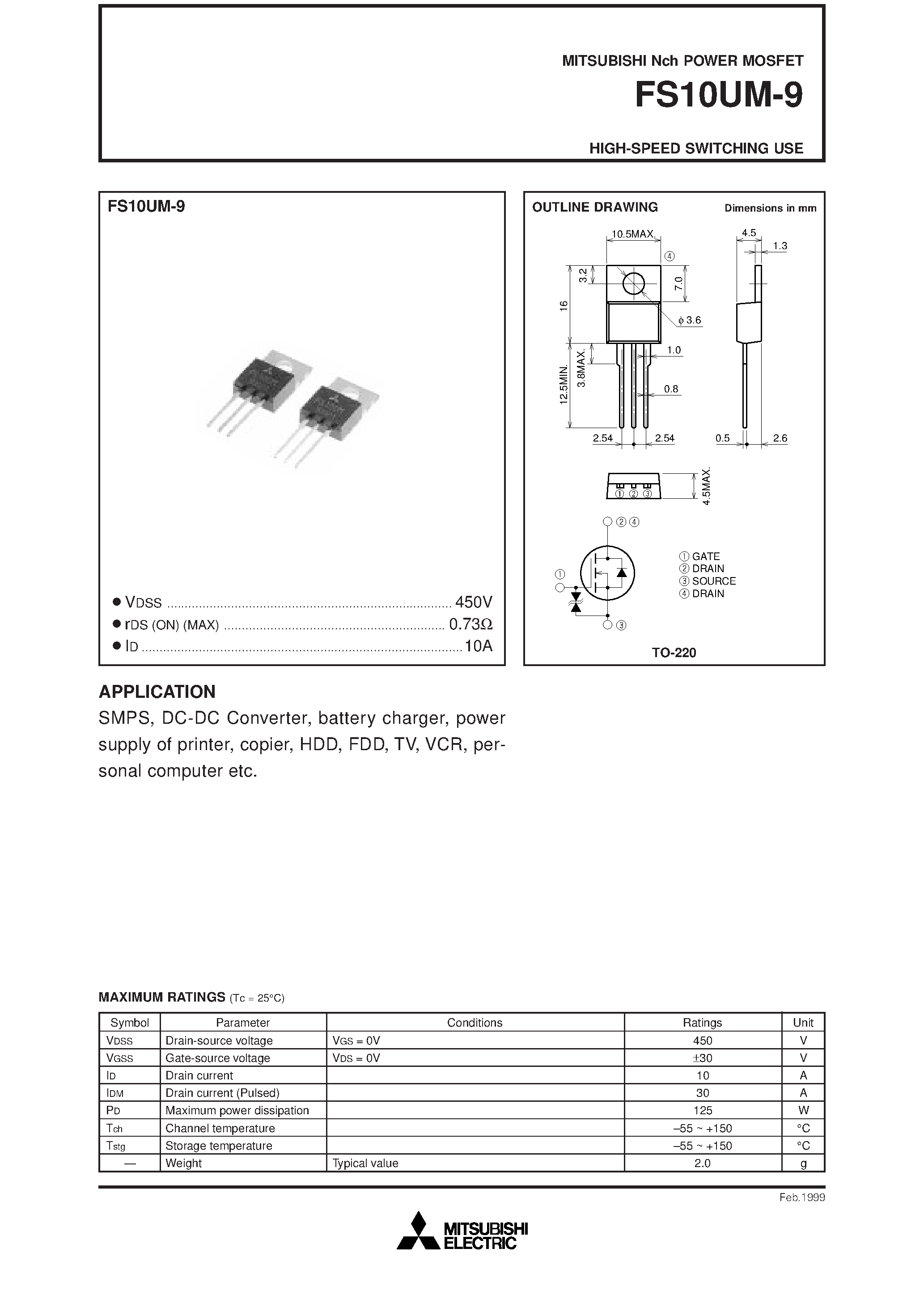 Datasheet FS10UM-9 page 1 Datasheet FS10UM-9 - Nch POWER MOSFET HIGH-SPEED SWITCHING USE page 1