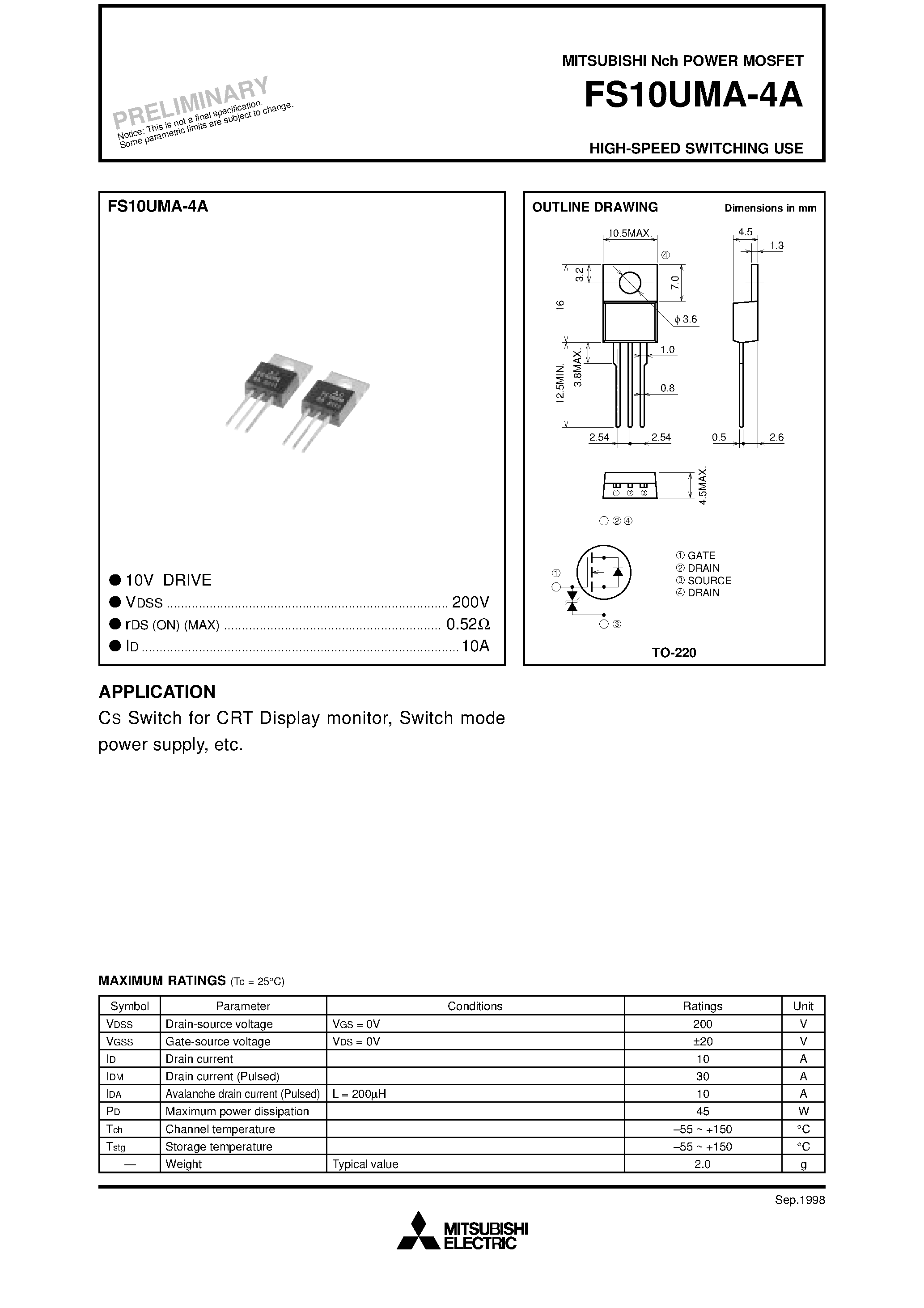 Даташит FS10UMA-4A - Nch POWER MOSFET HIGH-SPEED SWITCHING USE страница 1