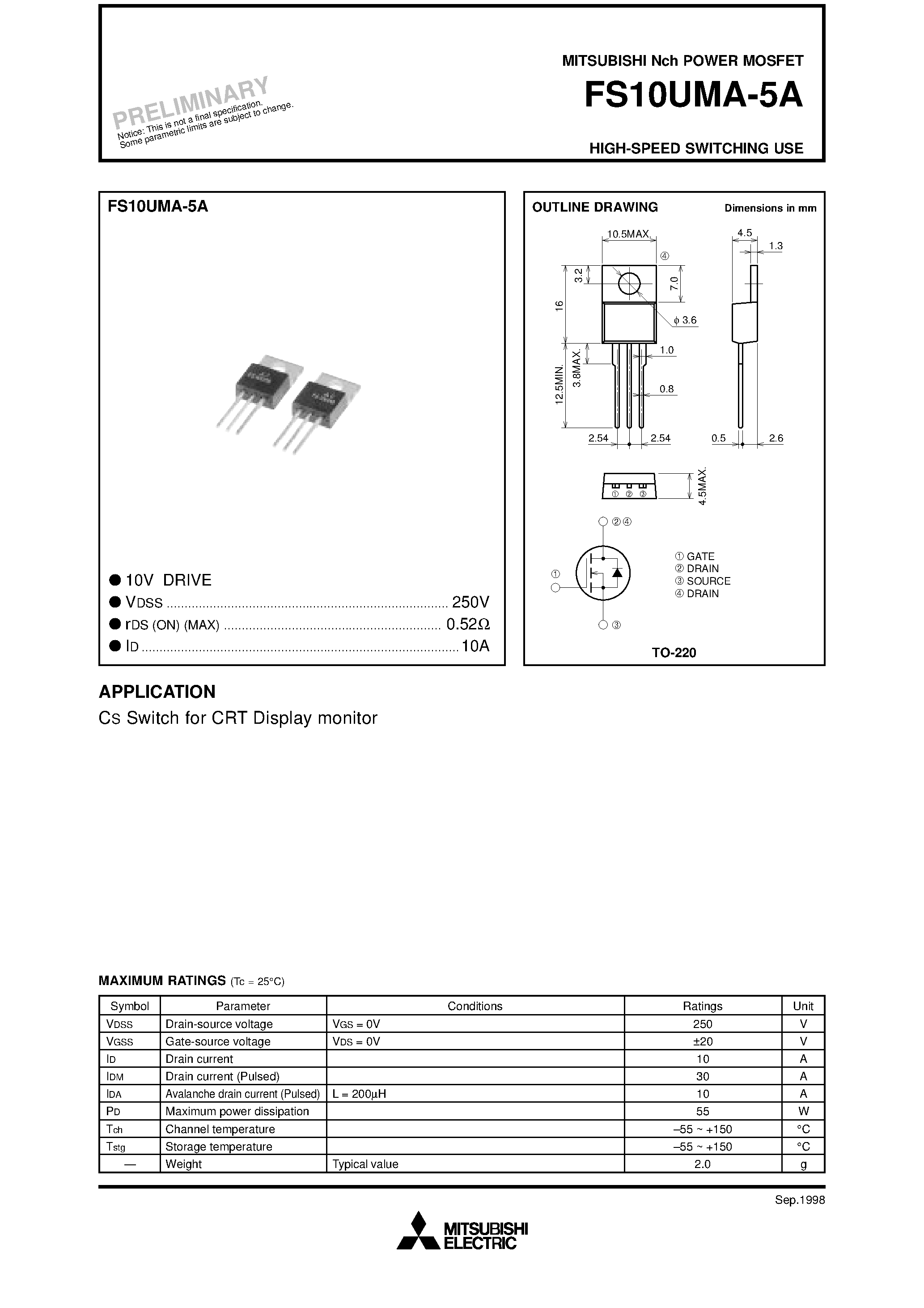 Даташит FS10UMA-5A - Nch POWER MOSFET HIGH-SPEED SWITCHING USE страница 1