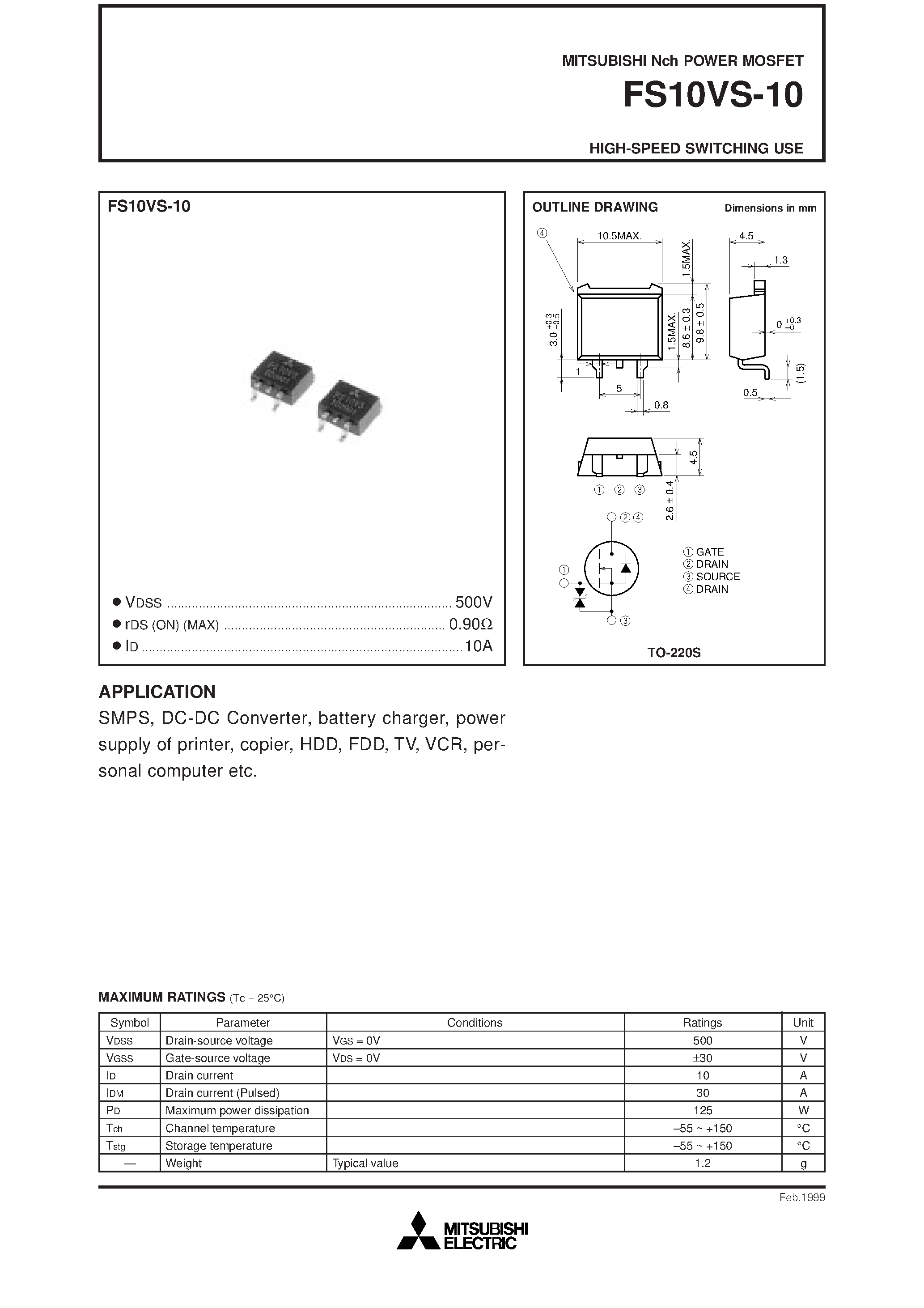 Даташит на микросхему FS10VS-10 страница 1 Даташит FS10VS-10 - HIGH-SPEED SWITCHING USE страница 1