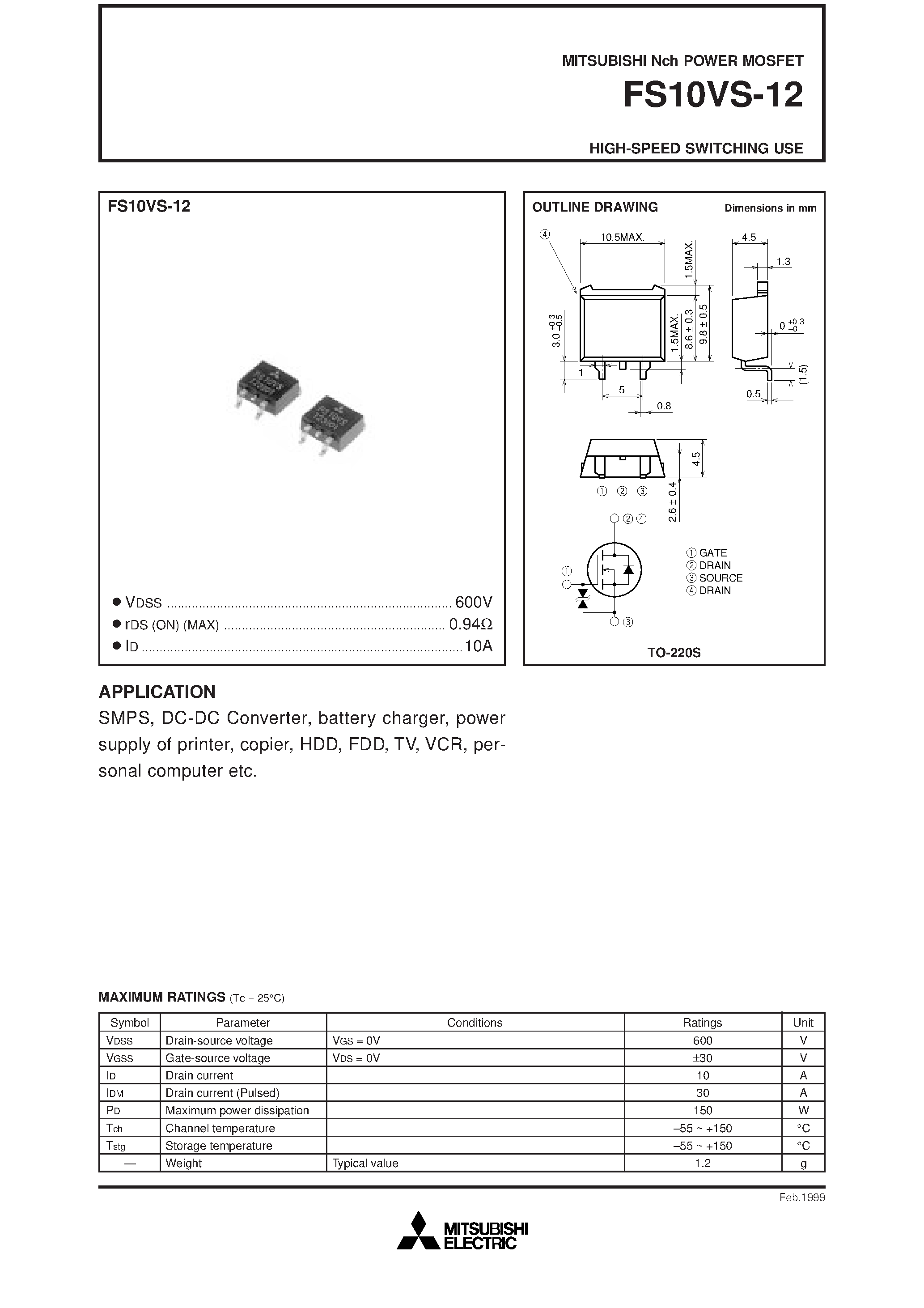 Даташит на микросхему FS10VS-12 страница 1 Даташит FS10VS-12 - HIGH-SPEED SWITCHING USE страница 1