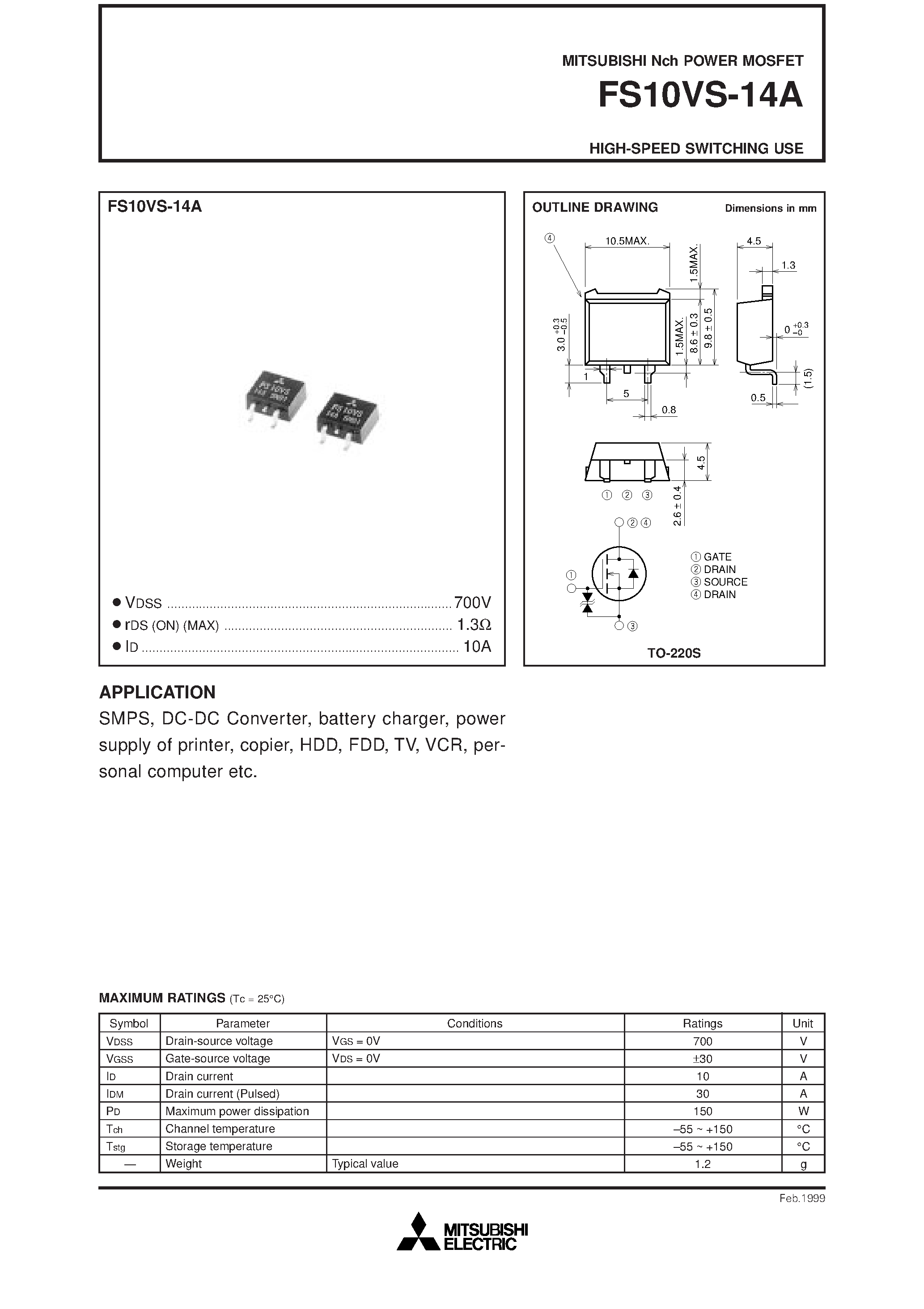 Даташит на микросхему FS10VS-14A страница 1 Даташит FS10VS-14A - HIGH-SPEED SWITCHING USE страница 1