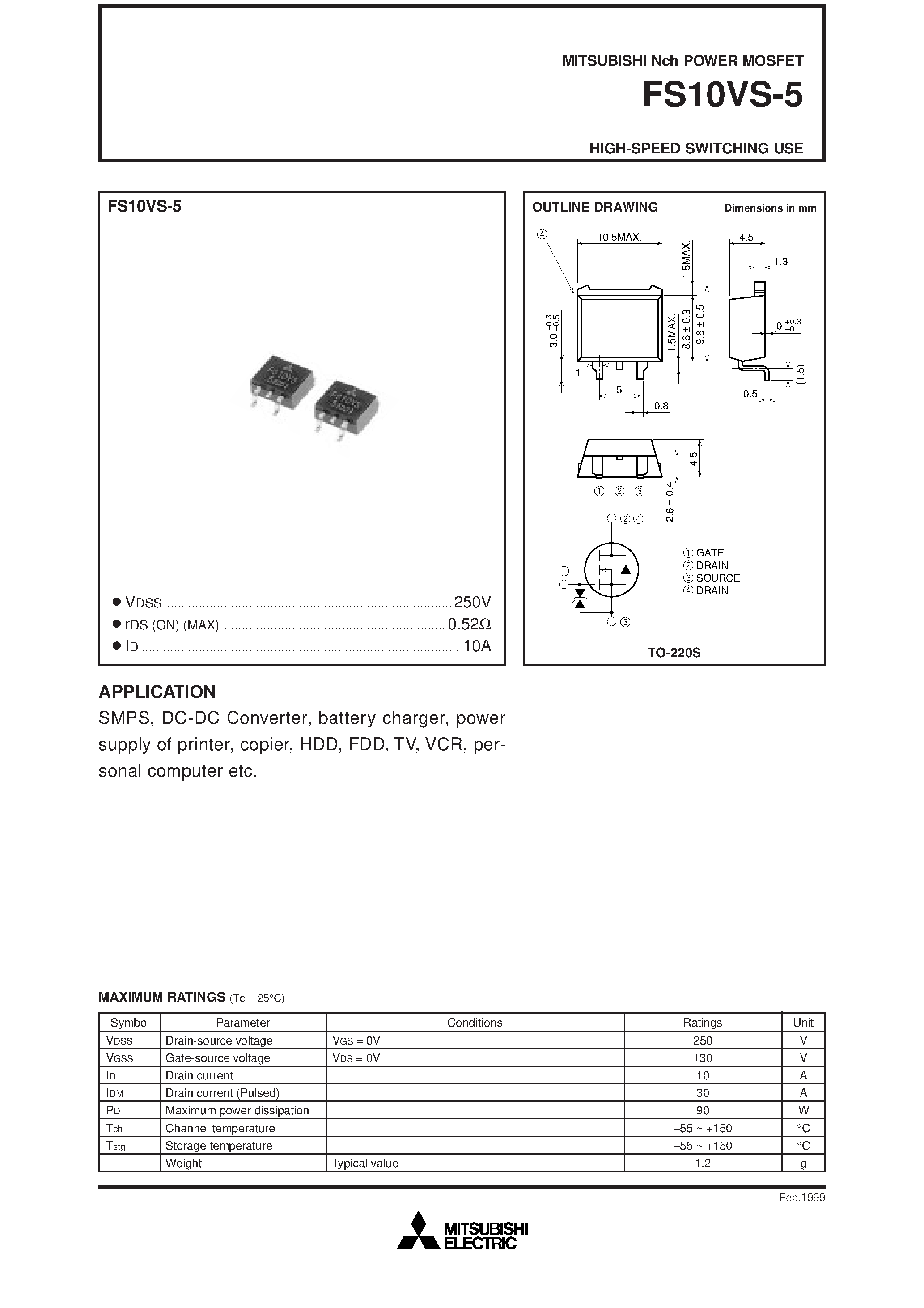 Datasheet FS10VS-5 - Nch POWER MOSFET HIGH-SPEED SWITCHING USE page 1