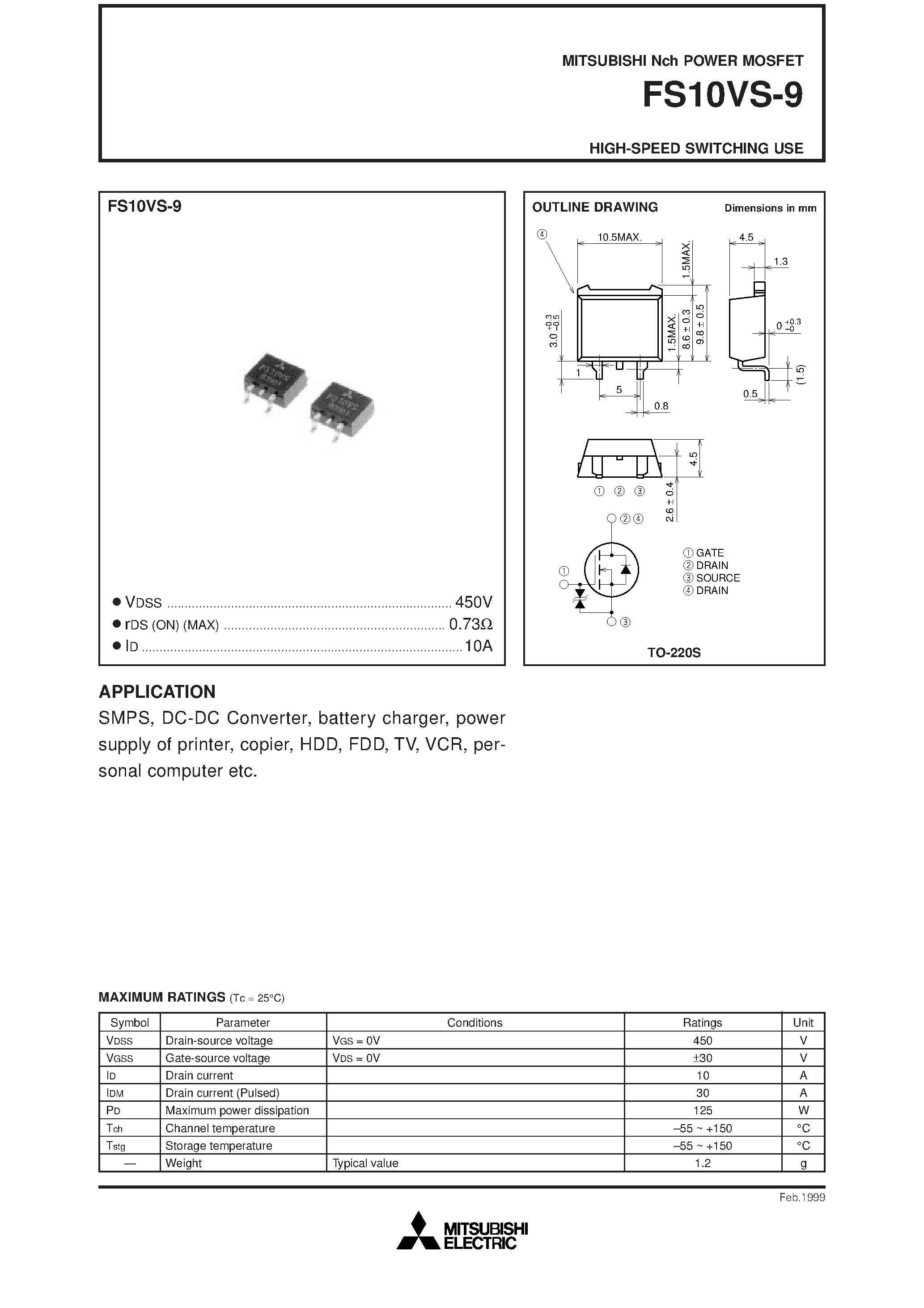 Datasheet FS10VS-9 - Nch POWER MOSFET HIGH-SPEED SWITCHING USE page 1