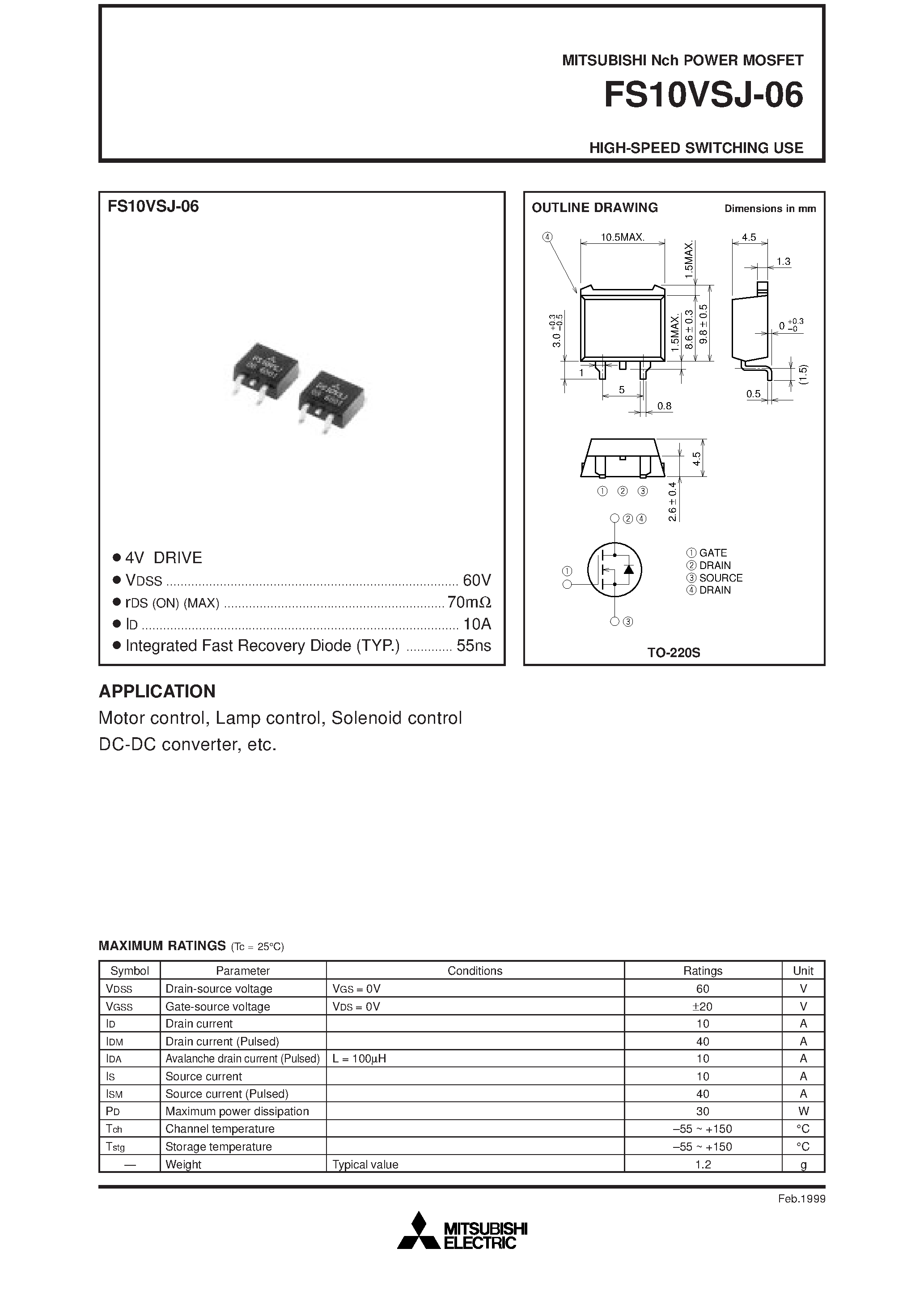 Даташит на микросхему FS10VSJ-06 страница 1 Даташит FS10VSJ-06 - HIGH-SPEED SWITCHING USE страница 1