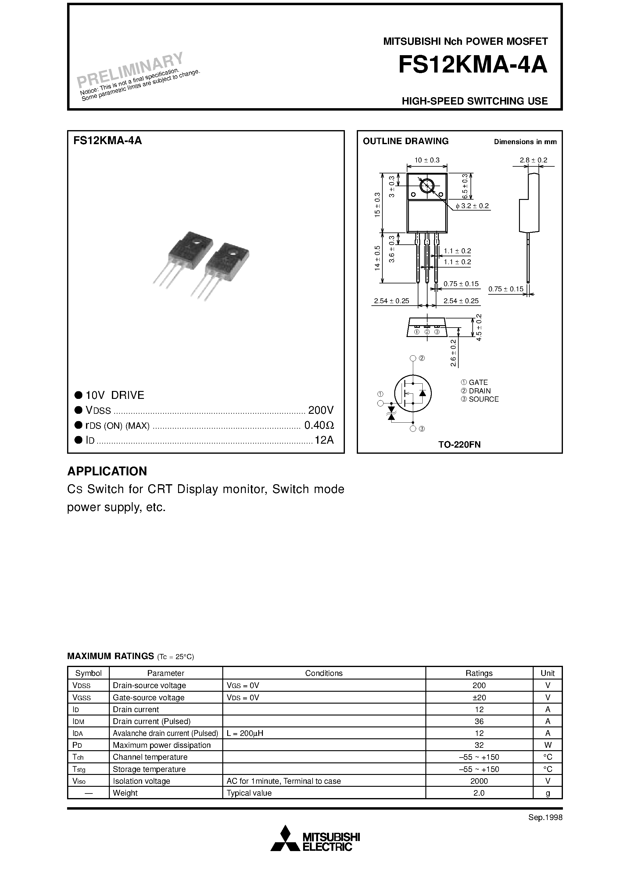 Даташит на микросхему FS12KMA-4A страница 1 Даташит FS12KMA-4A - Nch POWER MOSFET HIGH-SPEED SWITCHING USE страница 1