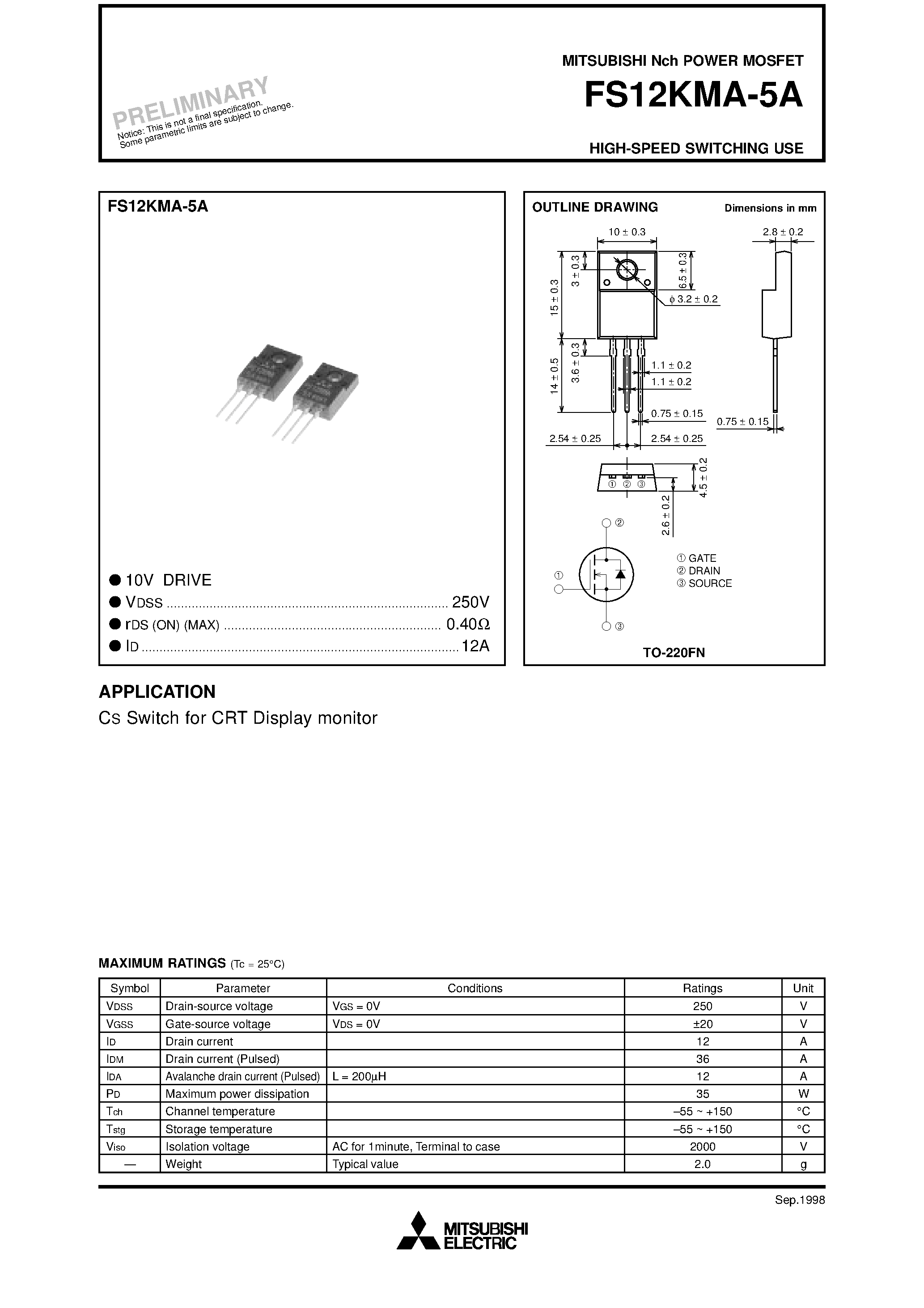 Даташит на микросхему FS12KMA-5A страница 1 Даташит FS12KMA-5A - Nch POWER MOSFET HIGH-SPEED SWITCHING USE страница 1