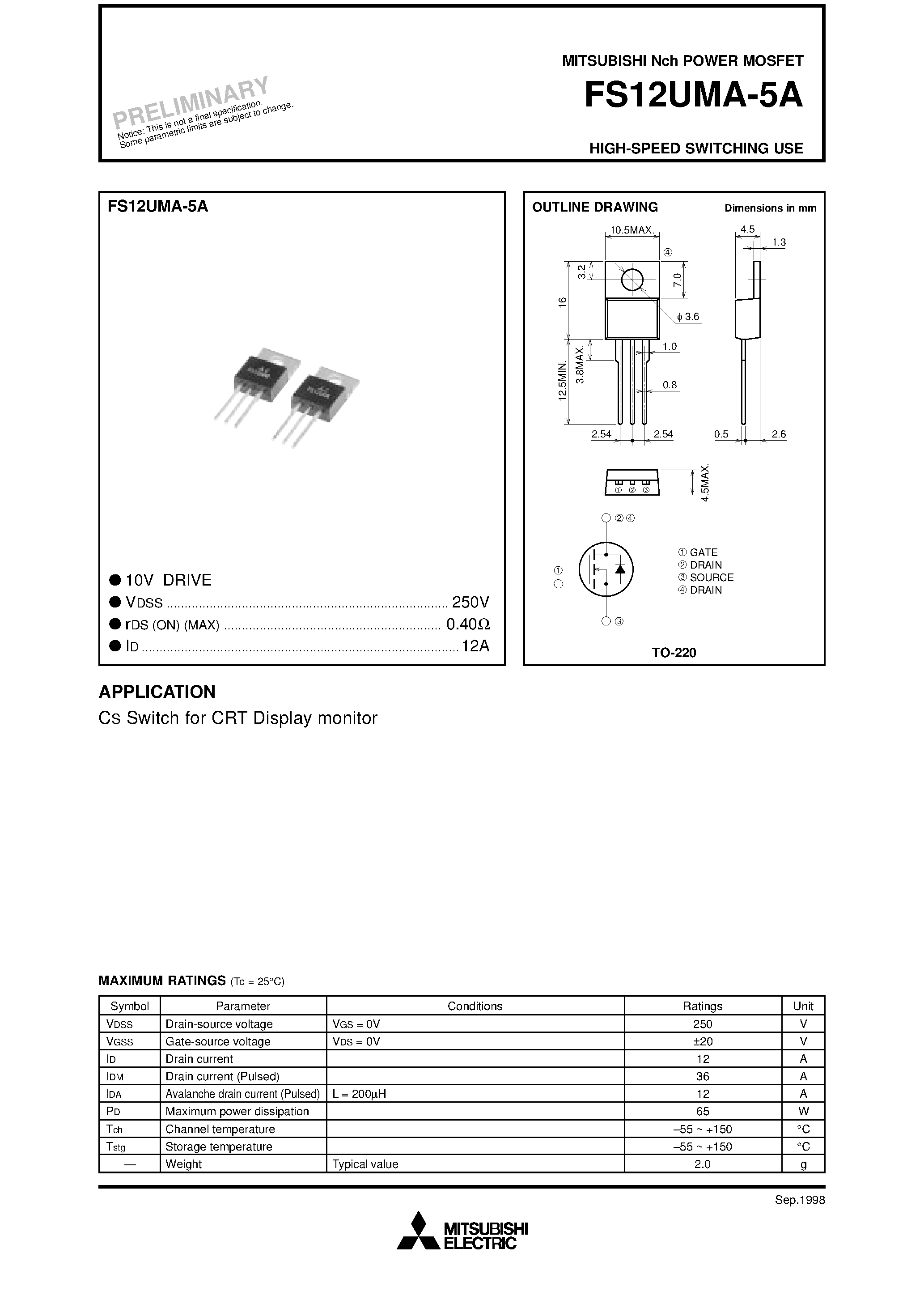 Даташит на микросхему FS12UMA-5A страница 1 Даташит FS12UMA-5A - Nch POWER MOSFET HIGH-SPEED SWITCHING USE страница 1