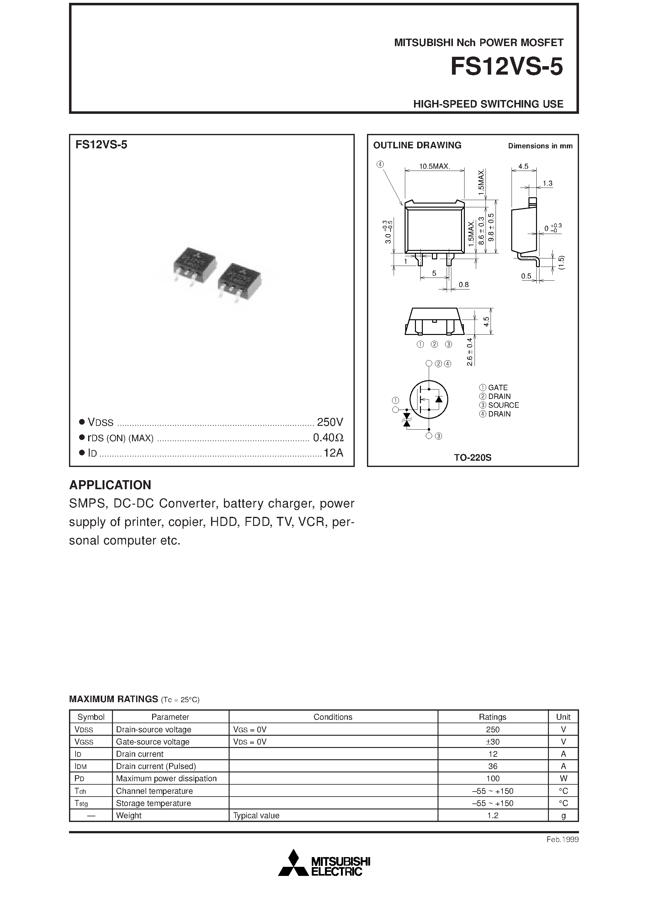 Datasheet FS12VS-5 - Nch POWER MOSFET HIGH-SPEED SWITCHING USE page 1