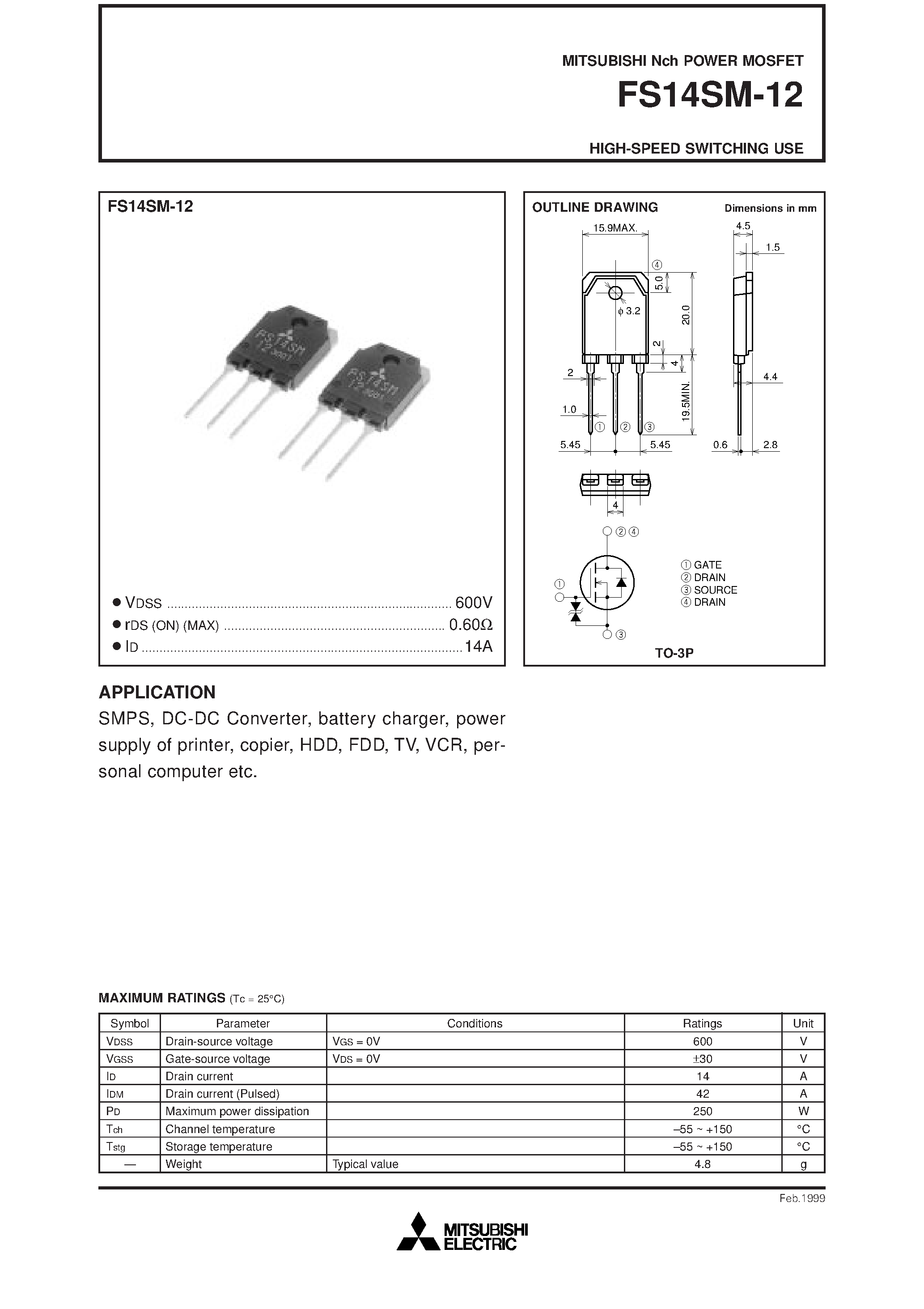 Даташит на микросхему FS14SM-12 страница 1 Даташит FS14SM-12 - HIGH-SPEED SWITCHING USE страница 1