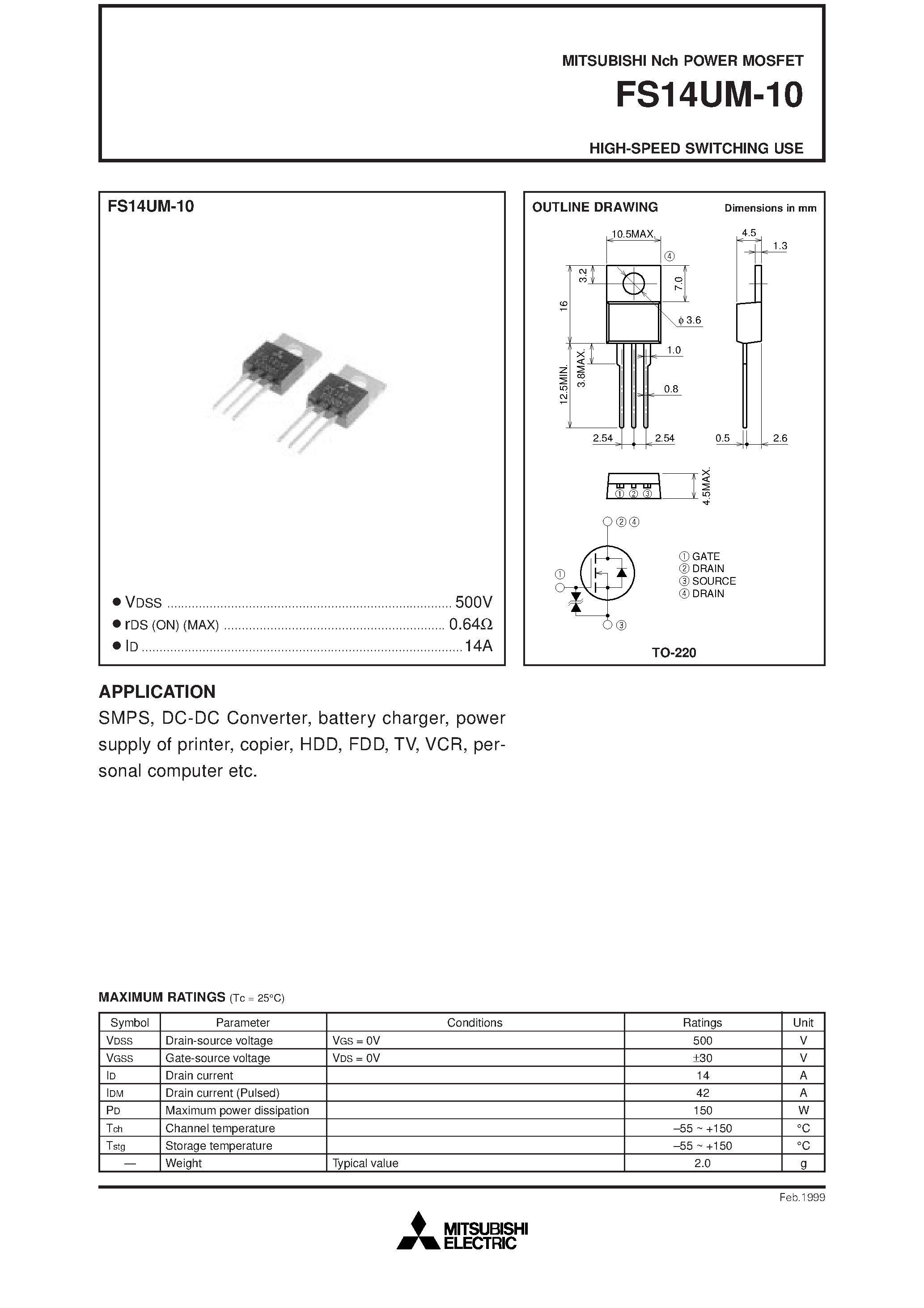 Даташит FS14UM-10 - Nch POWER MOSFET HIGH-SPEED SWITCHING USE страница 1