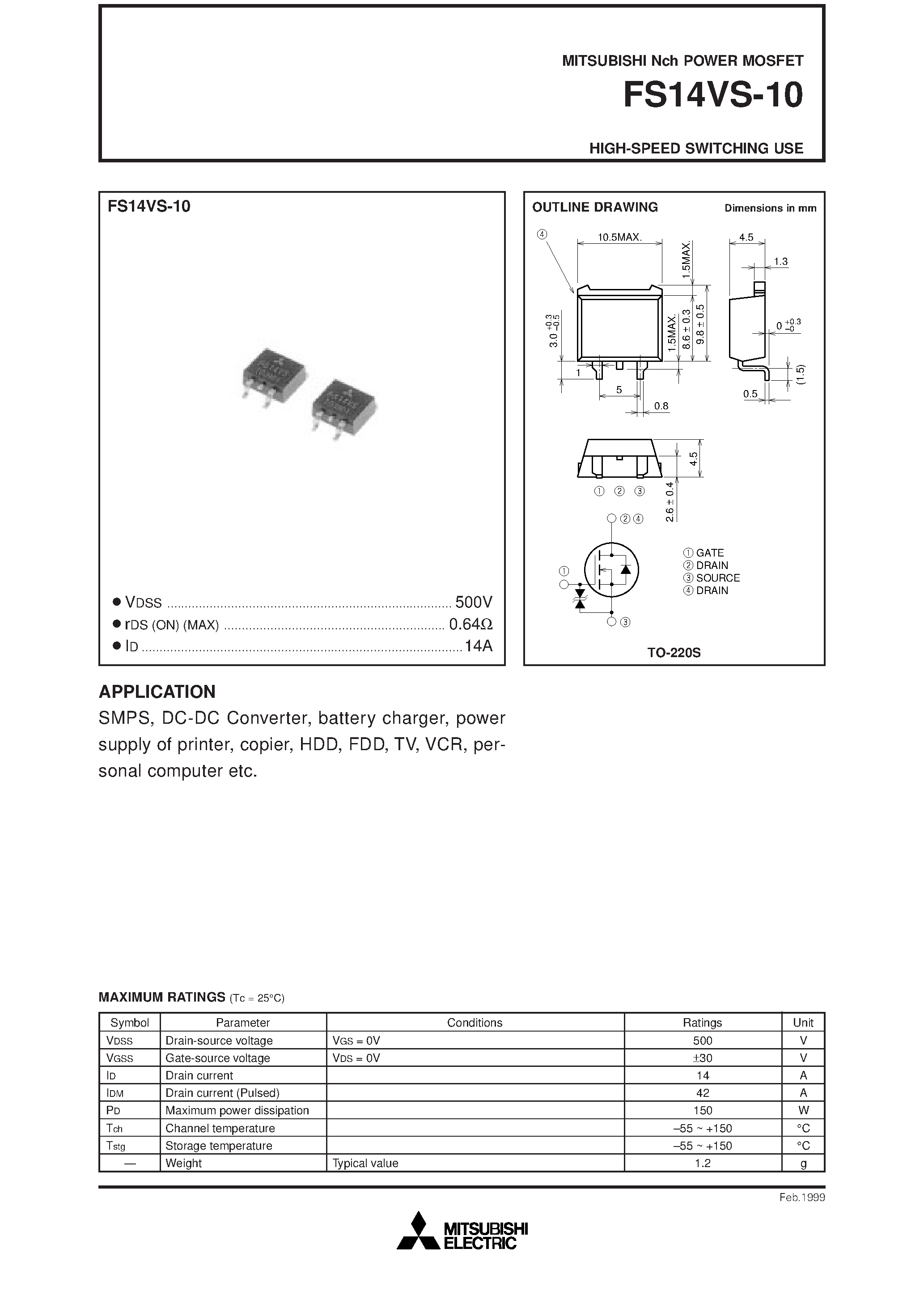 Даташит на микросхему FS14VS-10 страница 1 Даташит FS14VS-10 - HIGH-SPEED SWITCHING USE страница 1