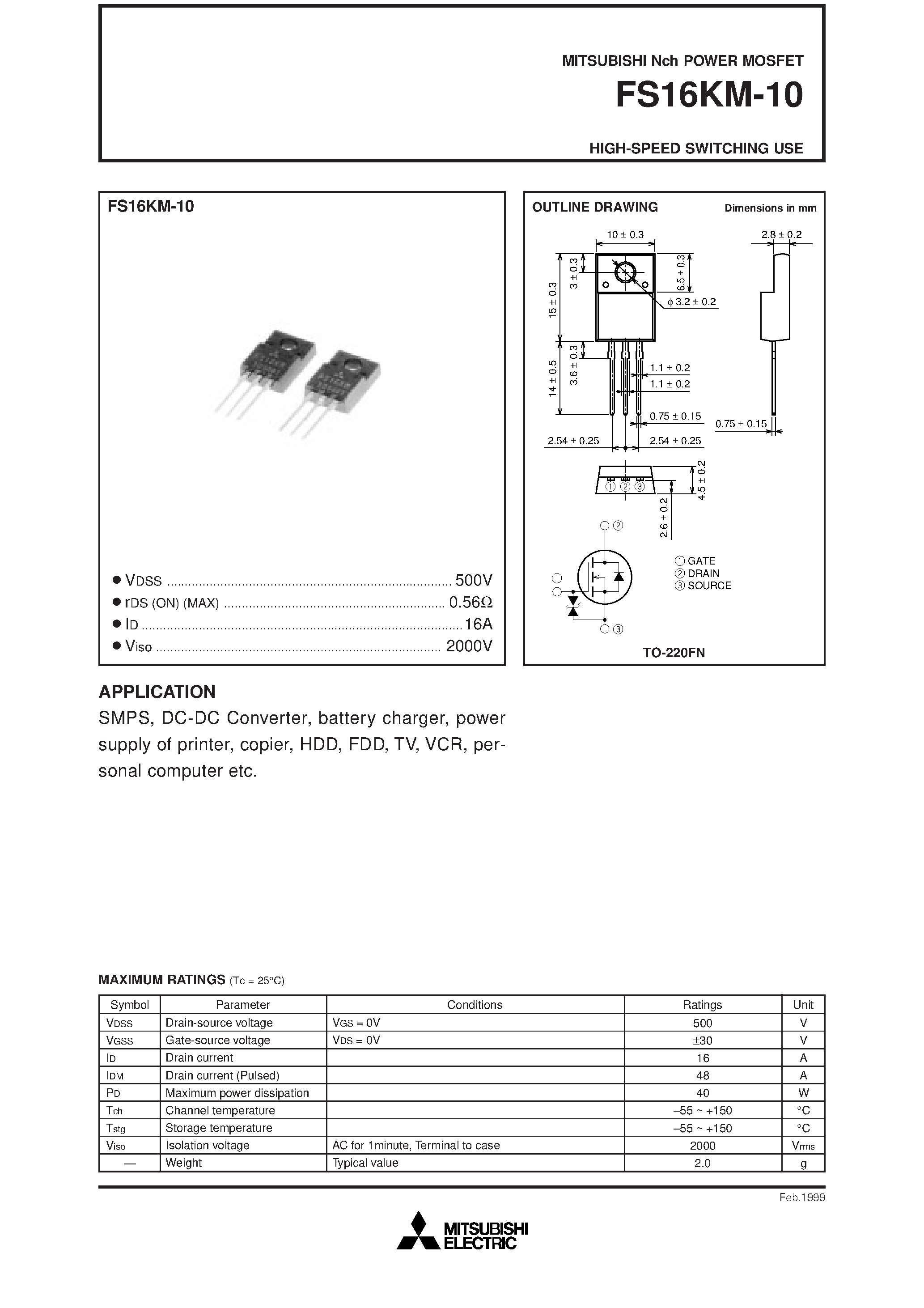 Даташит FS16KM-10 - Nch POWER MOSFET HIGH-SPEED SWITCHING USE страница 1