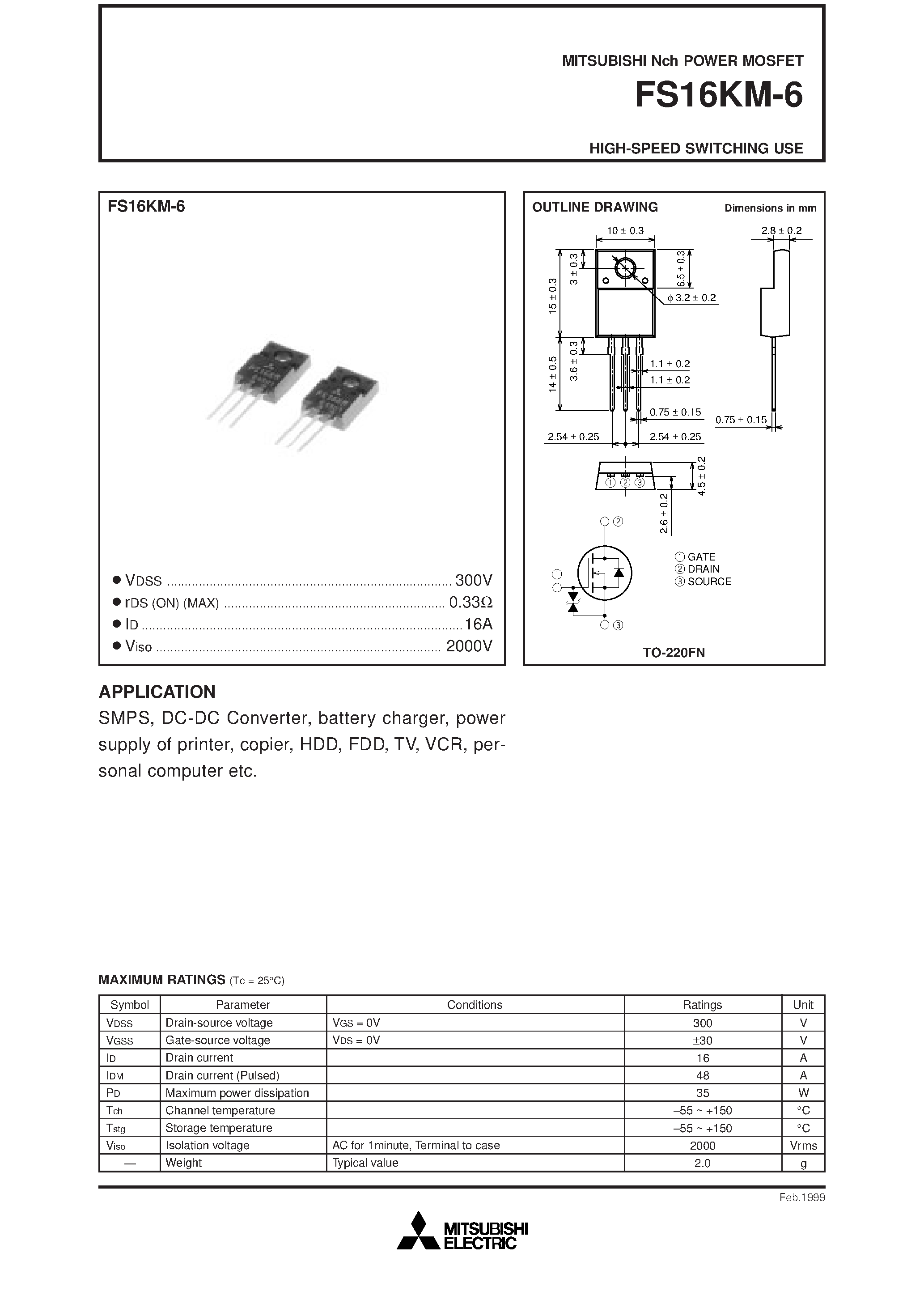 Datasheet FS16KM-6 - Nch POWER MOSFET HIGH-SPEED SWITCHING USE page 1
