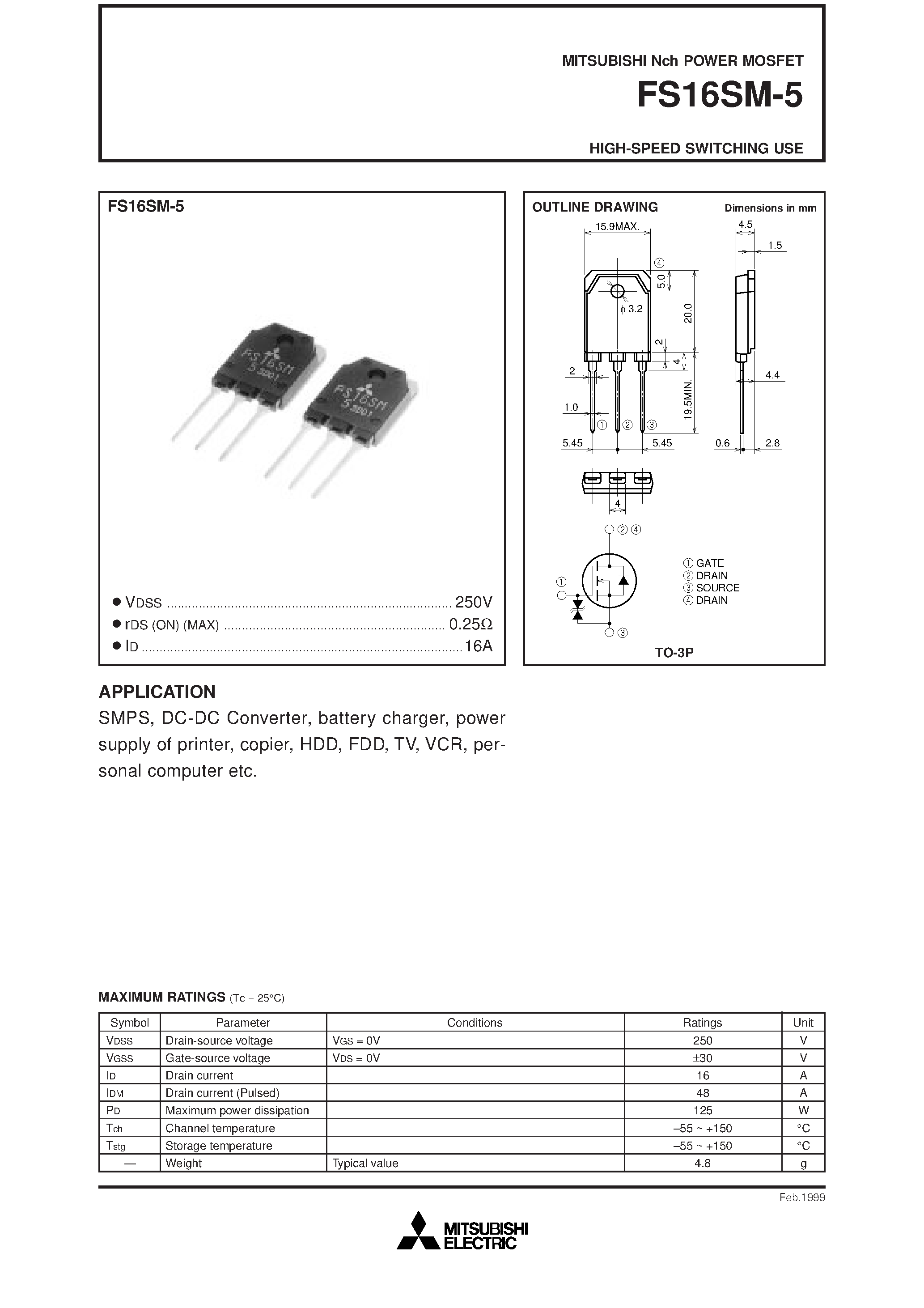 Datasheet FS16SM-5 - Nch POWER MOSFET HIGH-SPEED SWITCHING USE page 1