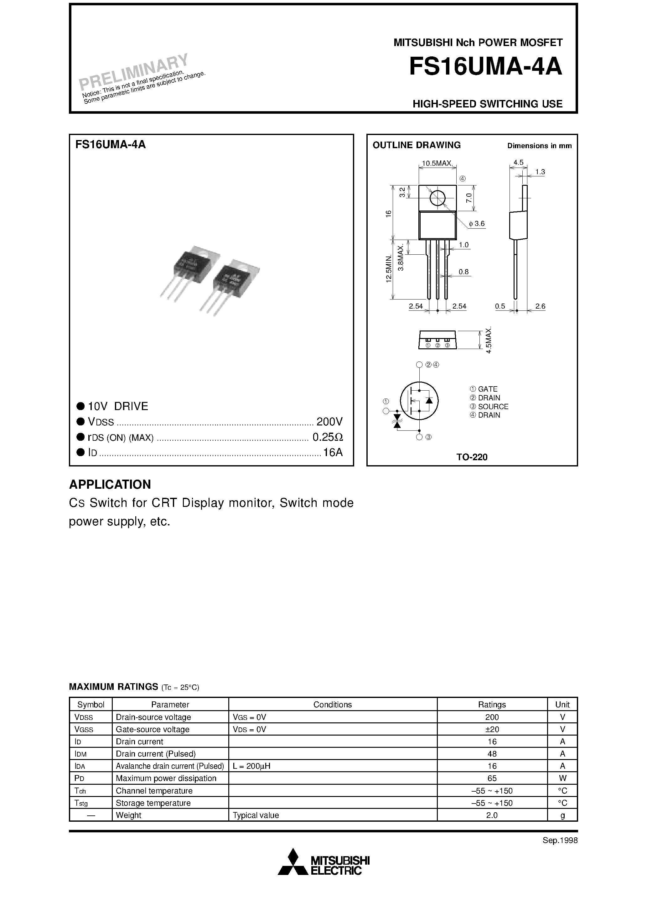 Даташит на микросхему FS16UMA-4A страница 1 Даташит FS16UMA-4A - Nch POWER MOSFET HIGH-SPEED SWITCHING USE страница 1