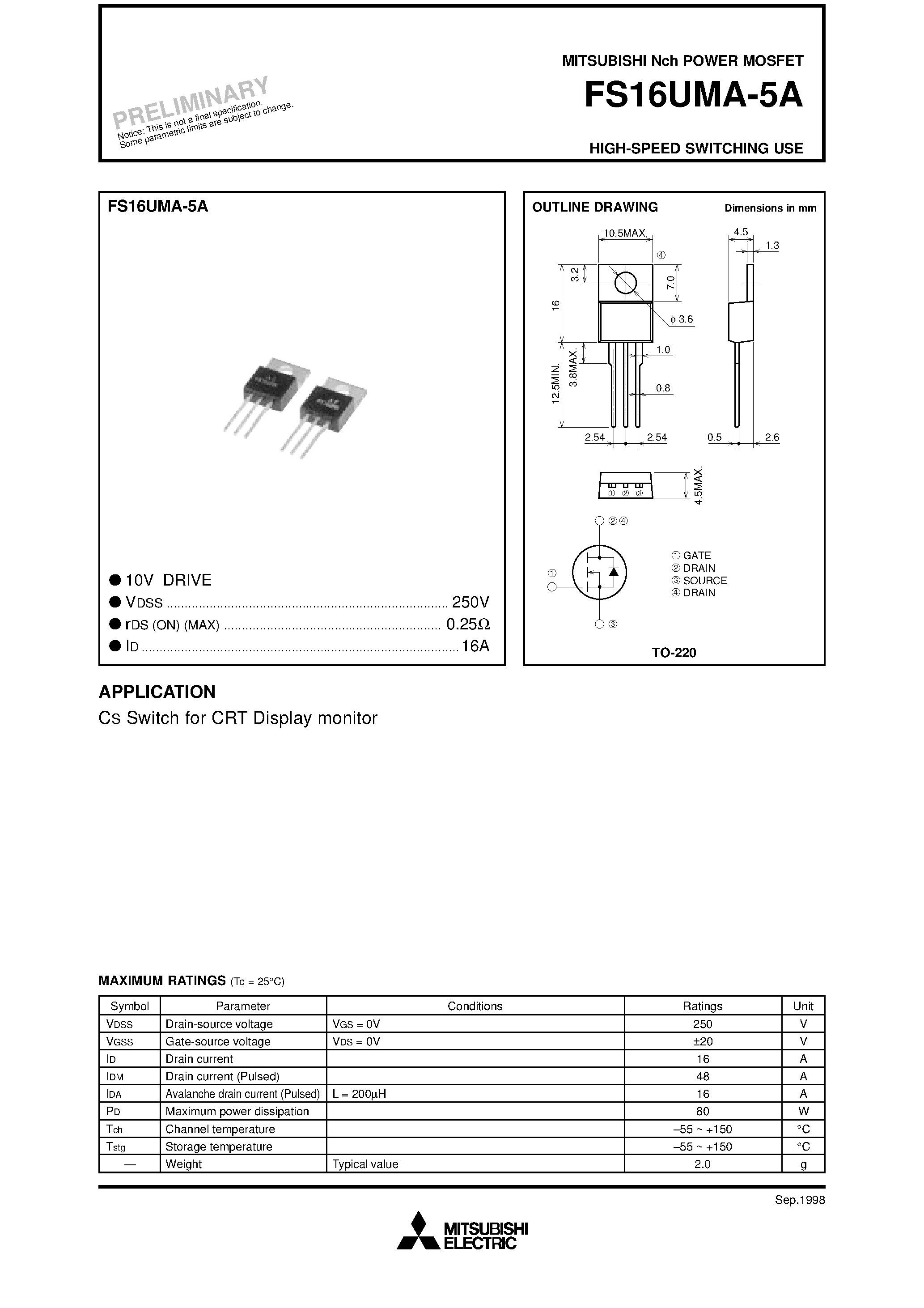 Даташит FS16UMA-5A - Nch POWER MOSFET HIGH-SPEED SWITCHING USE страница 1