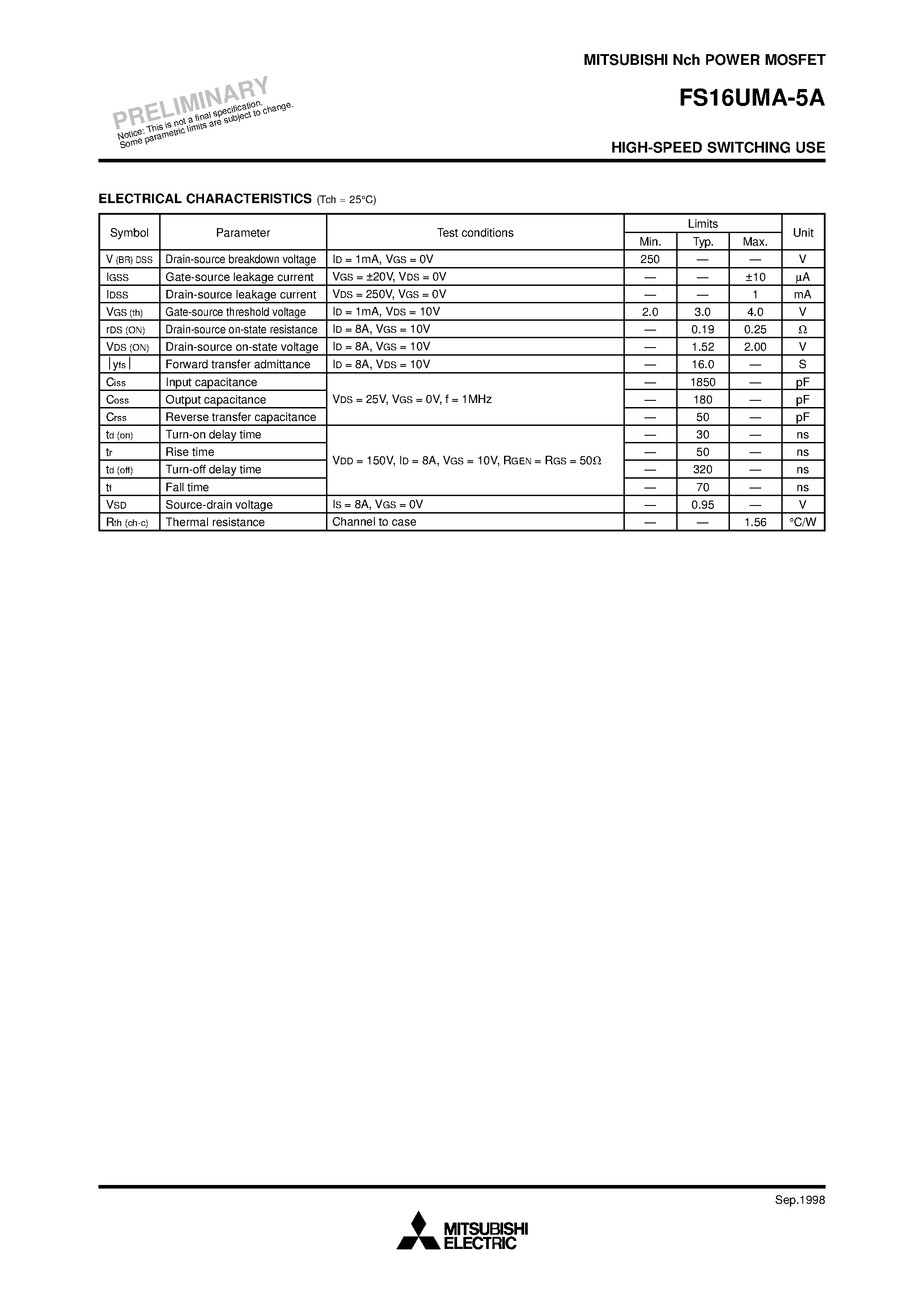 Даташит FS16UMA-5A - Nch POWER MOSFET HIGH-SPEED SWITCHING USE страница 2