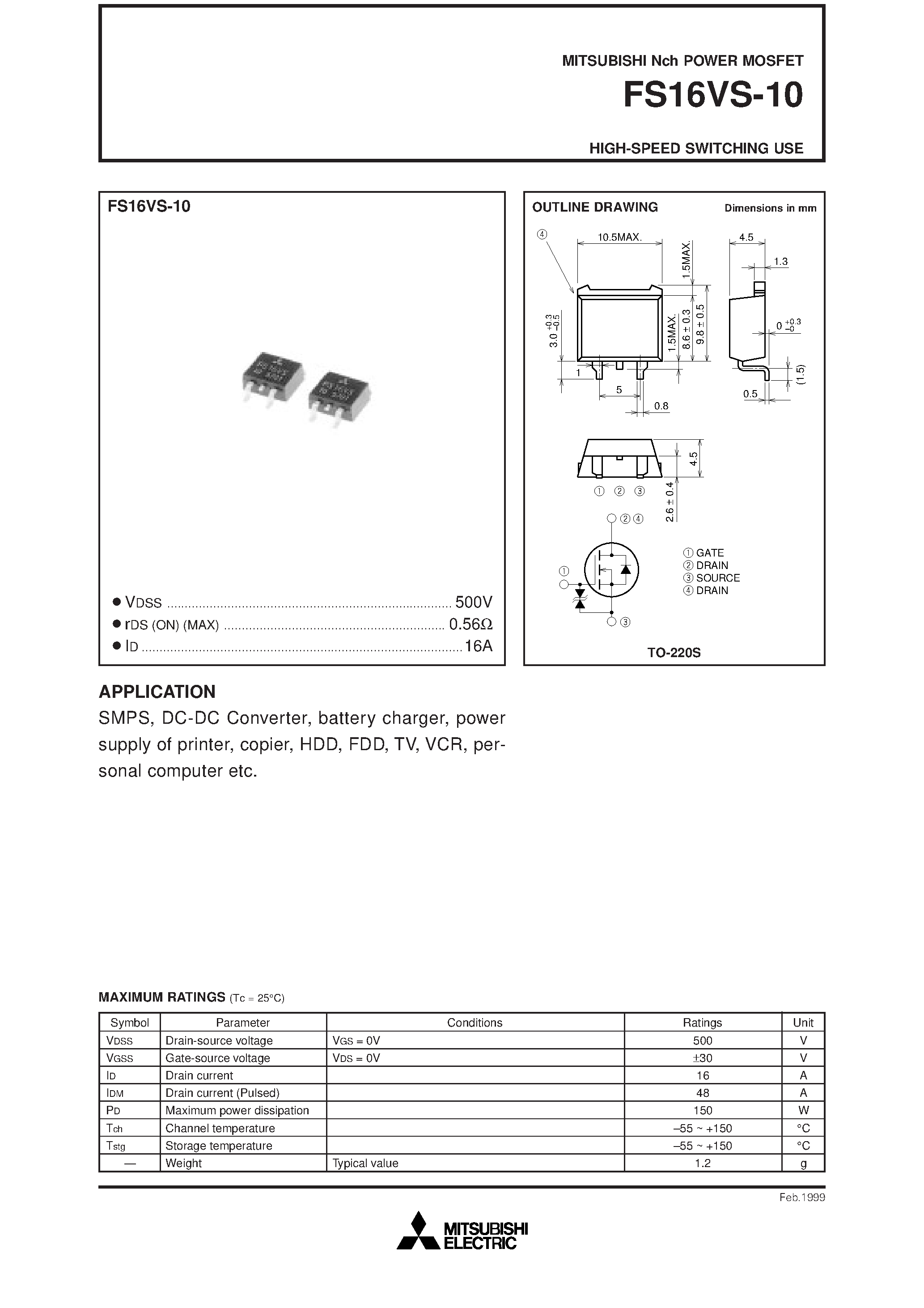 Даташит FS16VS-10 - Nch POWER MOSFET HIGH-SPEED SWITCHING USE страница 1