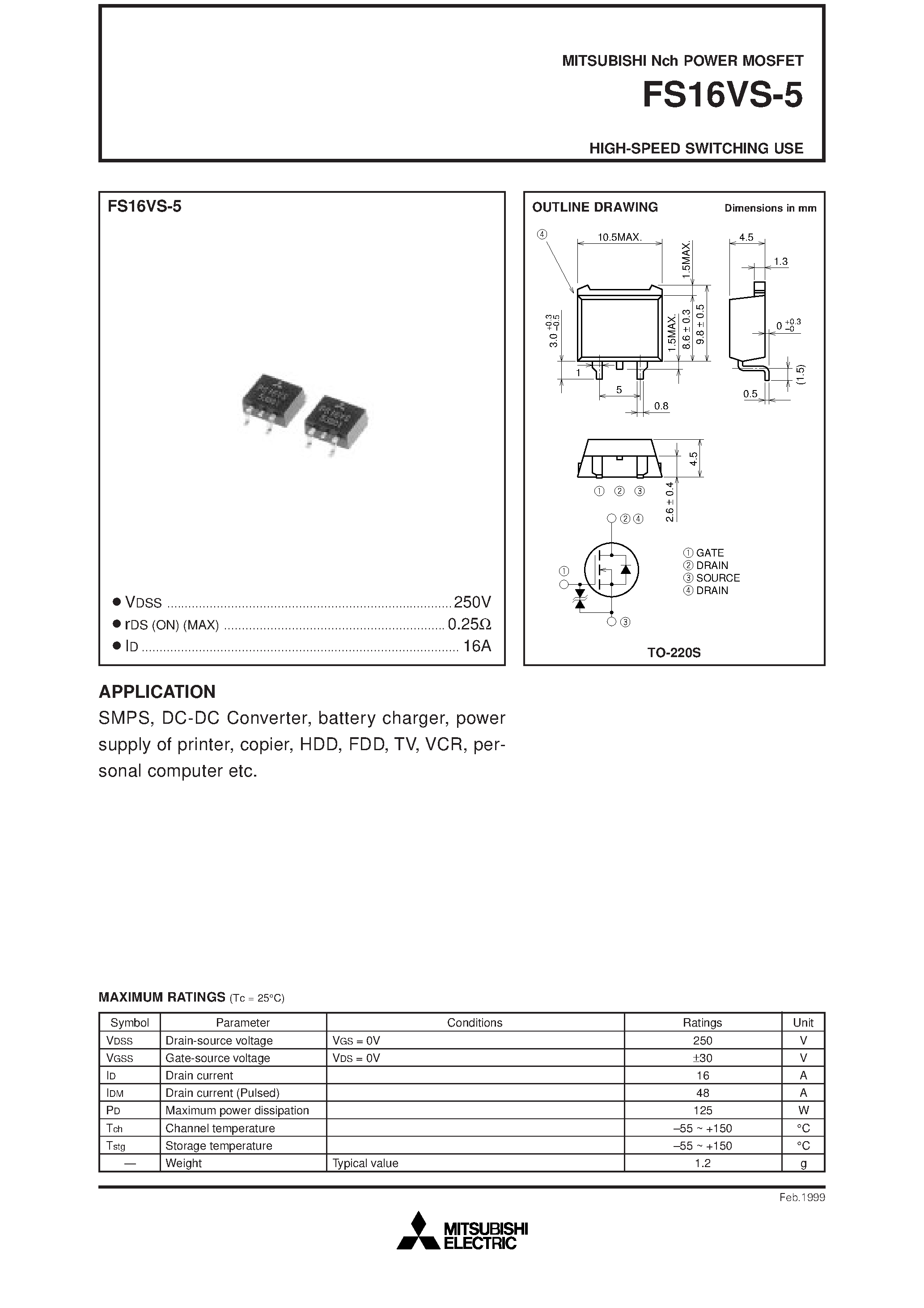 Datasheet FS16VS-5 - Nch POWER MOSFET HIGH-SPEED SWITCHING USE page 1