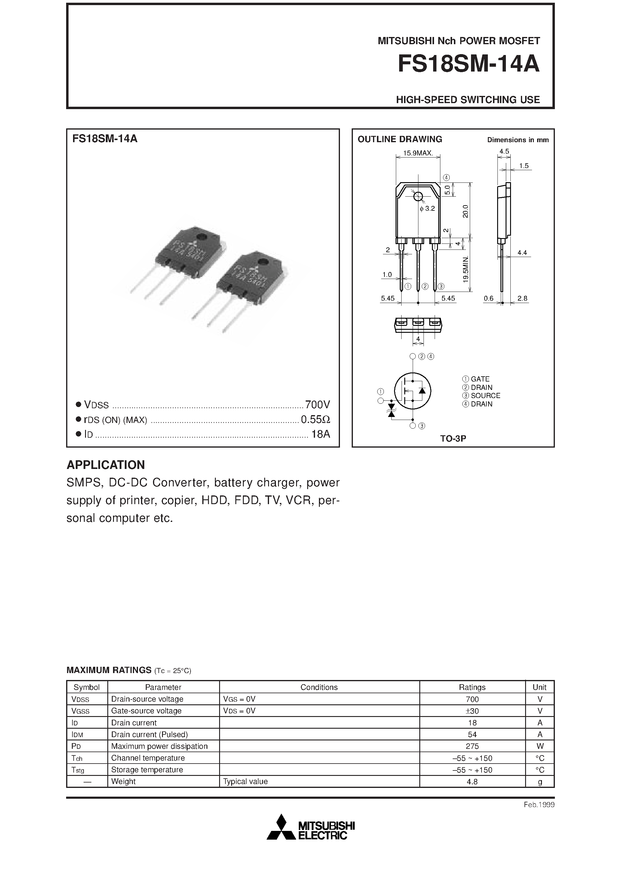 Даташит на микросхему FS18SM-14A страница 1 Даташит FS18SM-14A - HIGH-SPEED SWITCHING USE страница 1
