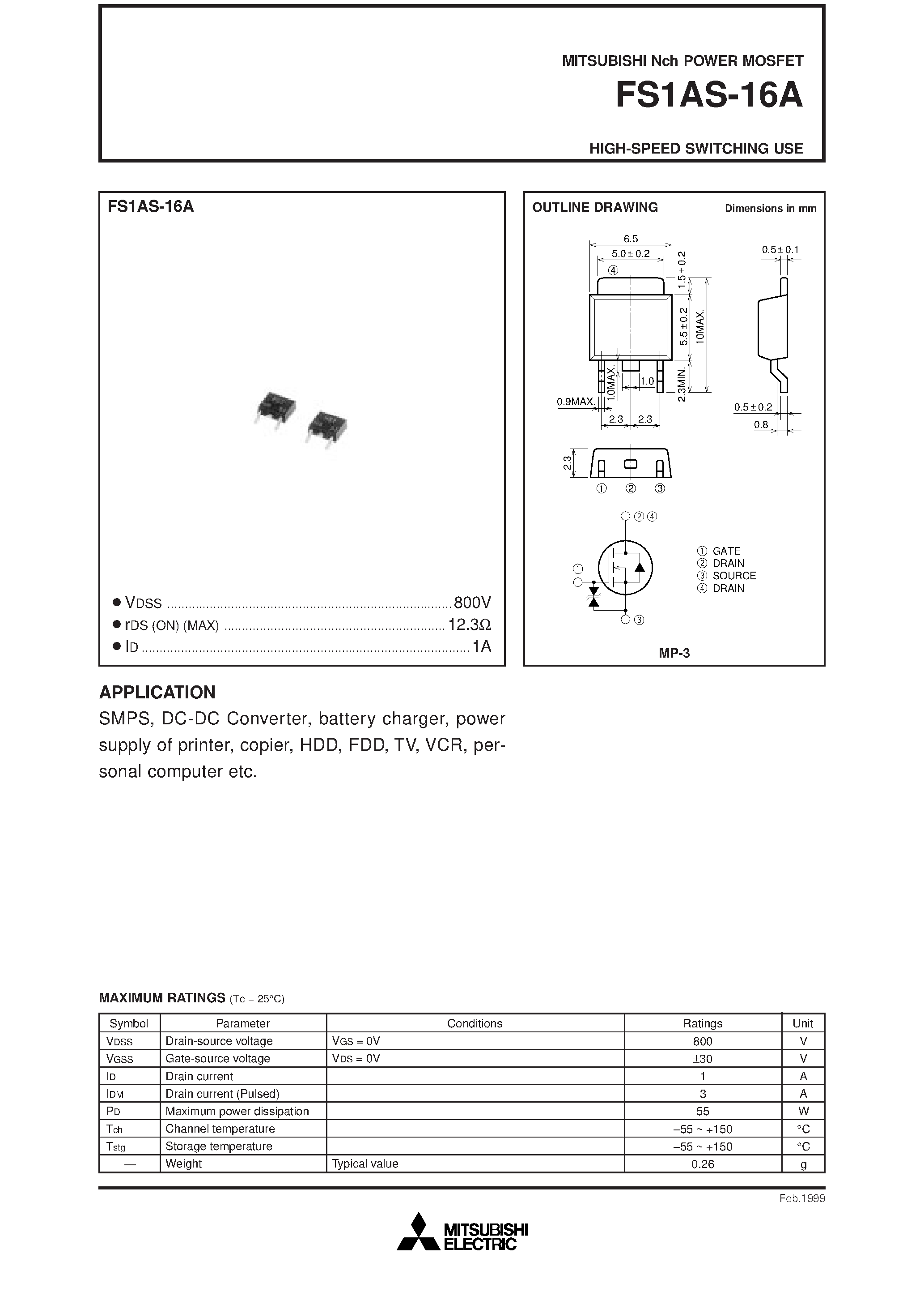 Даташит FS1AS-16A - HIGH-SPEED SWITCHING USE страница 1