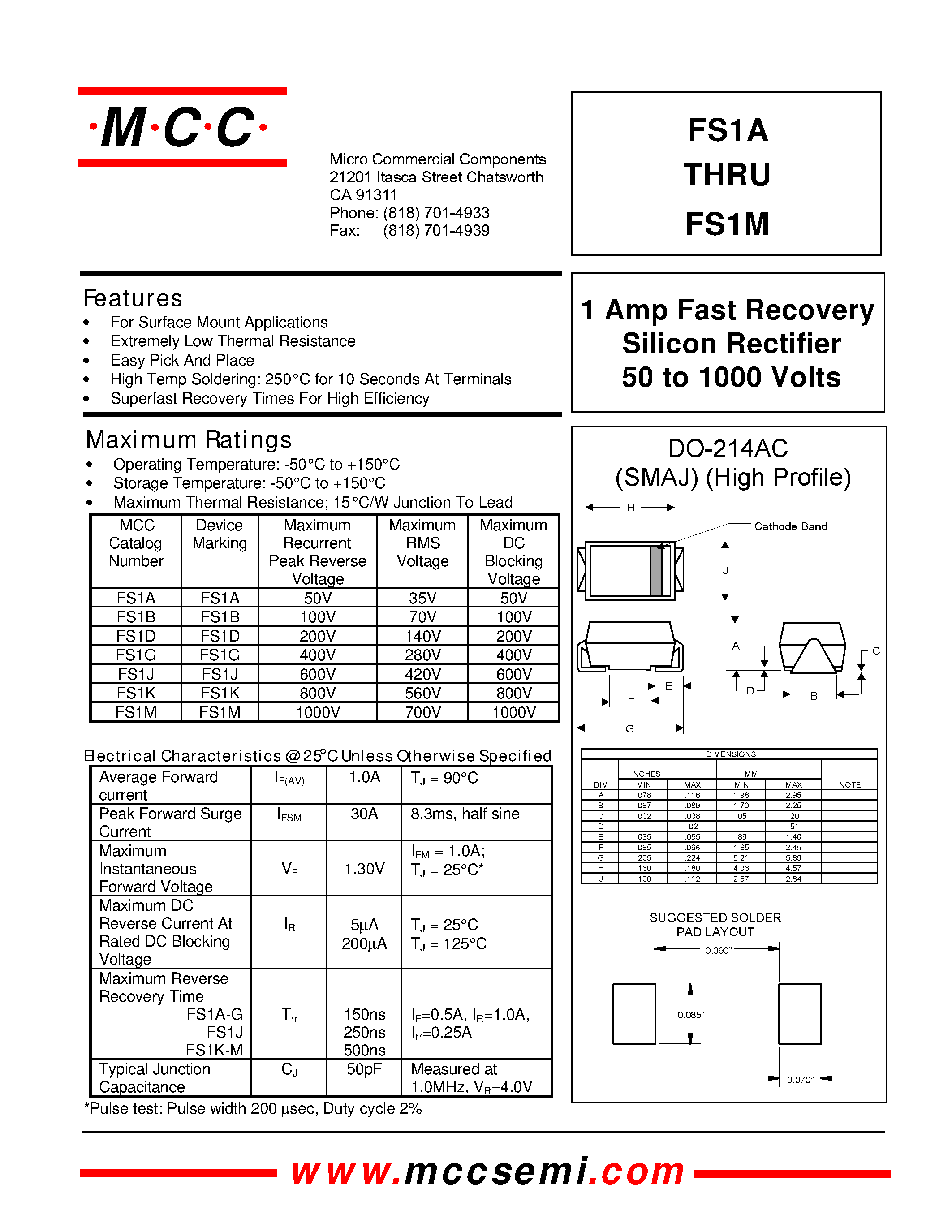Даташит на микросхему FS1B страница 1 Даташит FS1B - 1 Amp Fast Recovery Silicon Rectifier 50 to 1000 Volts страница 1