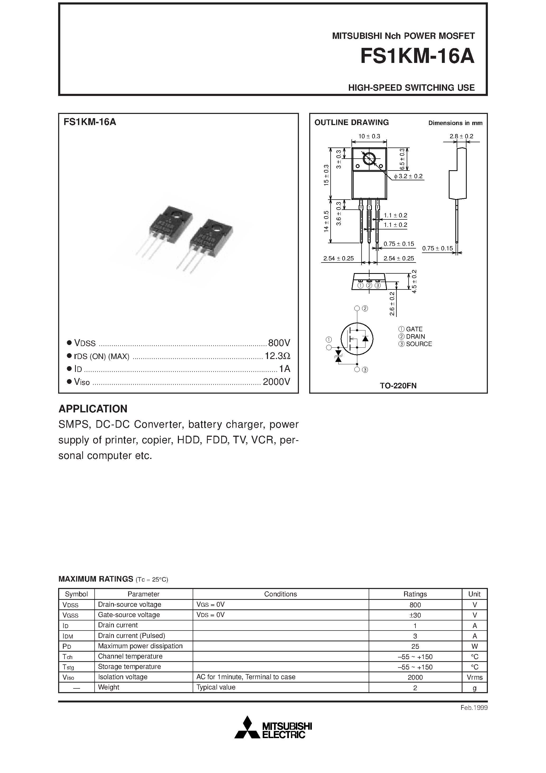 Даташит на микросхему FS1KM-16A страница 1 Даташит FS1KM-16A - HIGH-SPEED SWITCHING USE страница 1