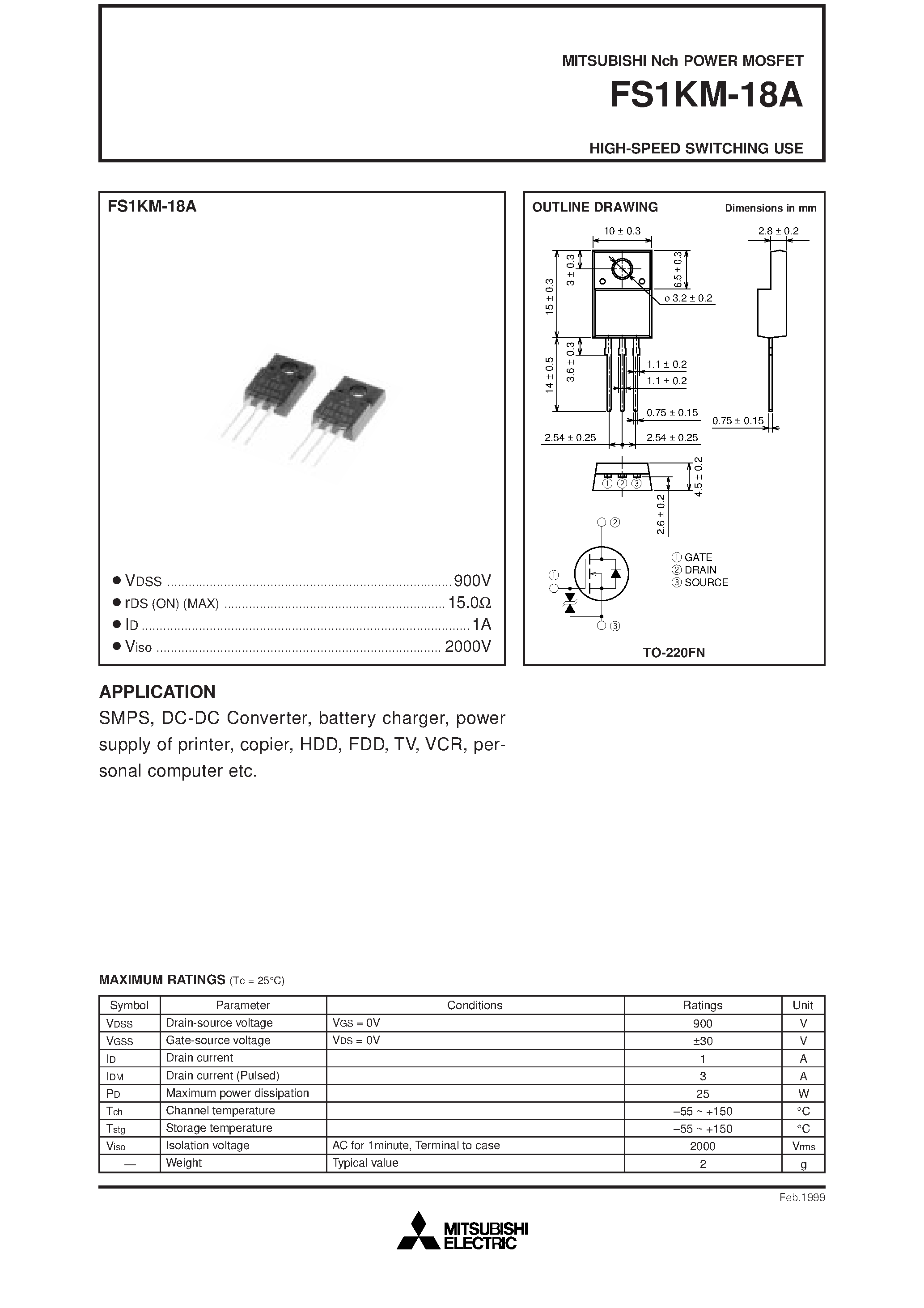 Даташит на микросхему FS1KM-18A страница 1 Даташит FS1KM-18A - HIGH-SPEED SWITCHING USE страница 1