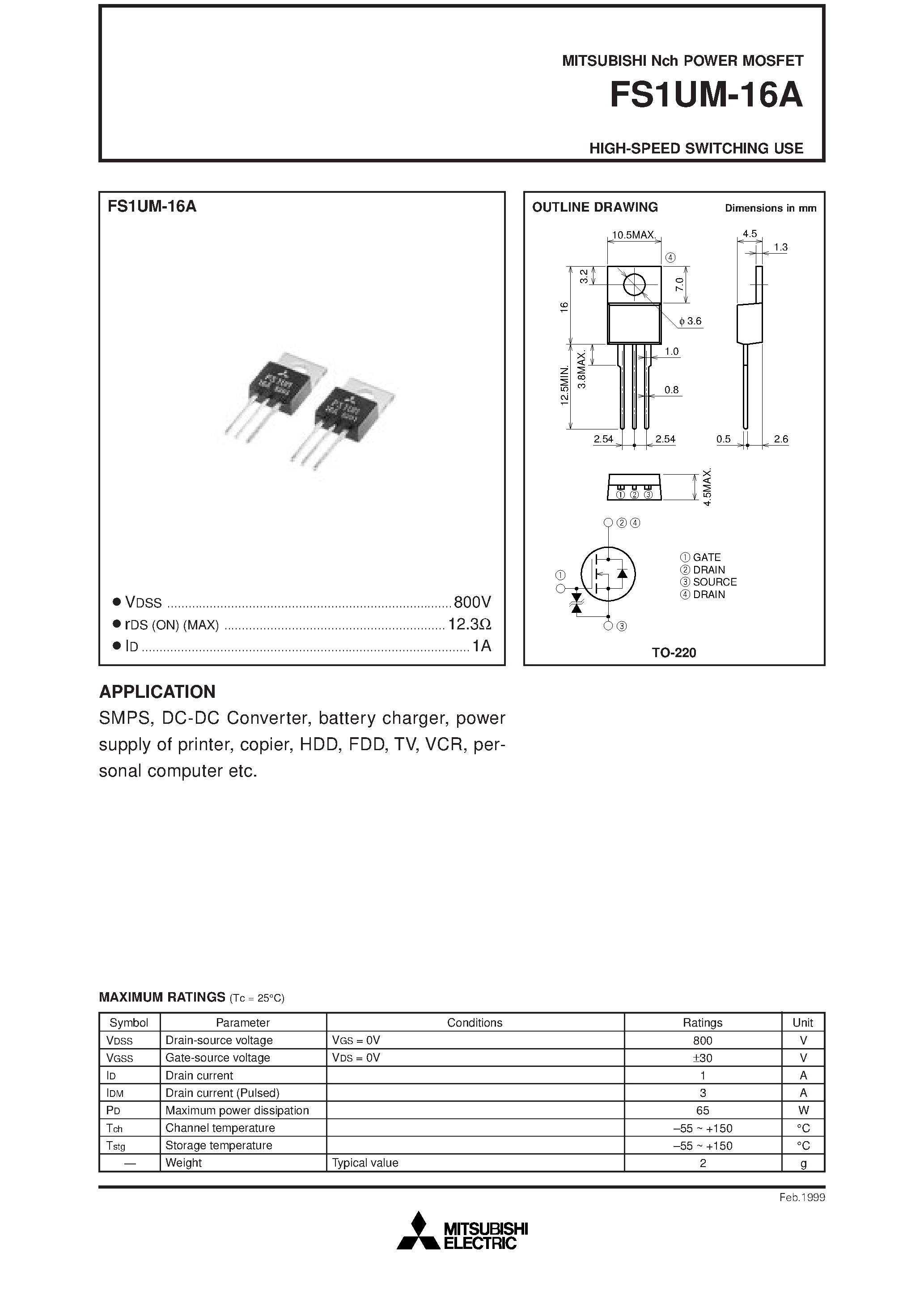 Даташит FS1UM-16A - HIGH-SPEED SWITCHING USE страница 1