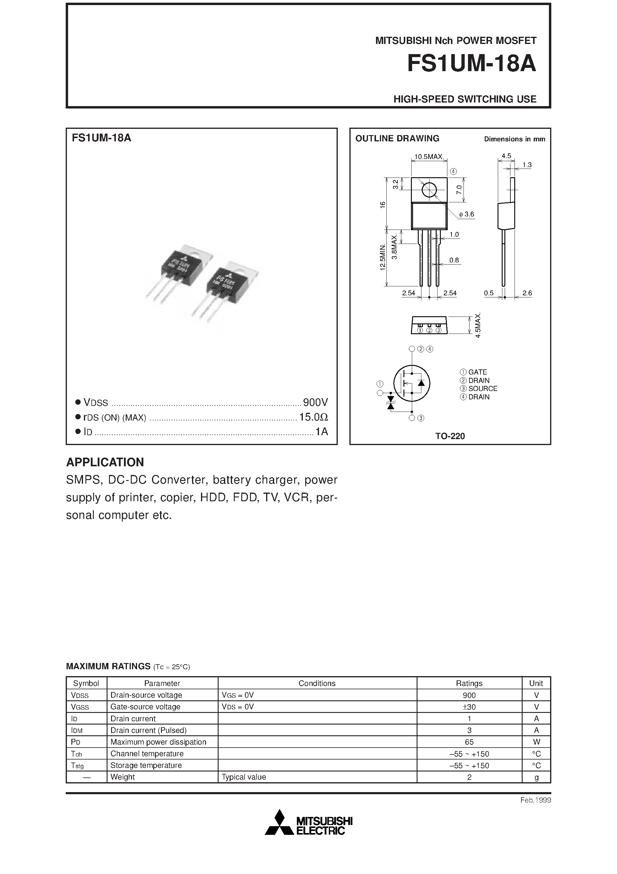 Даташит FS1UM-18A - Nch POWER MOSFET HIGH-SPEED SWITCHING USE страница 1