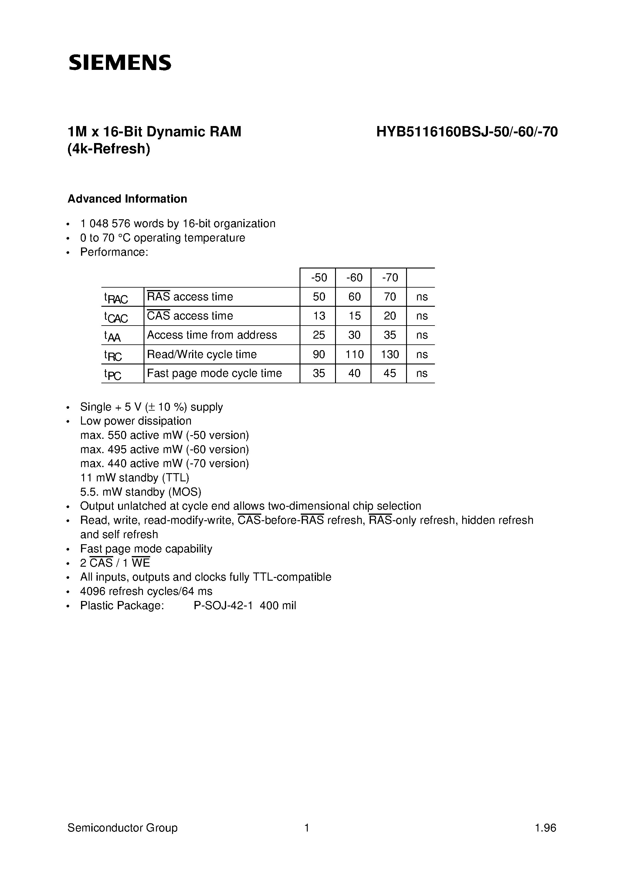 Даташит на микросхему HYB5116160BSJ-50 страница 1 Даташит HYB5116160BSJ-50 - 1M x 16-Bit Dynamic RAM страница 1