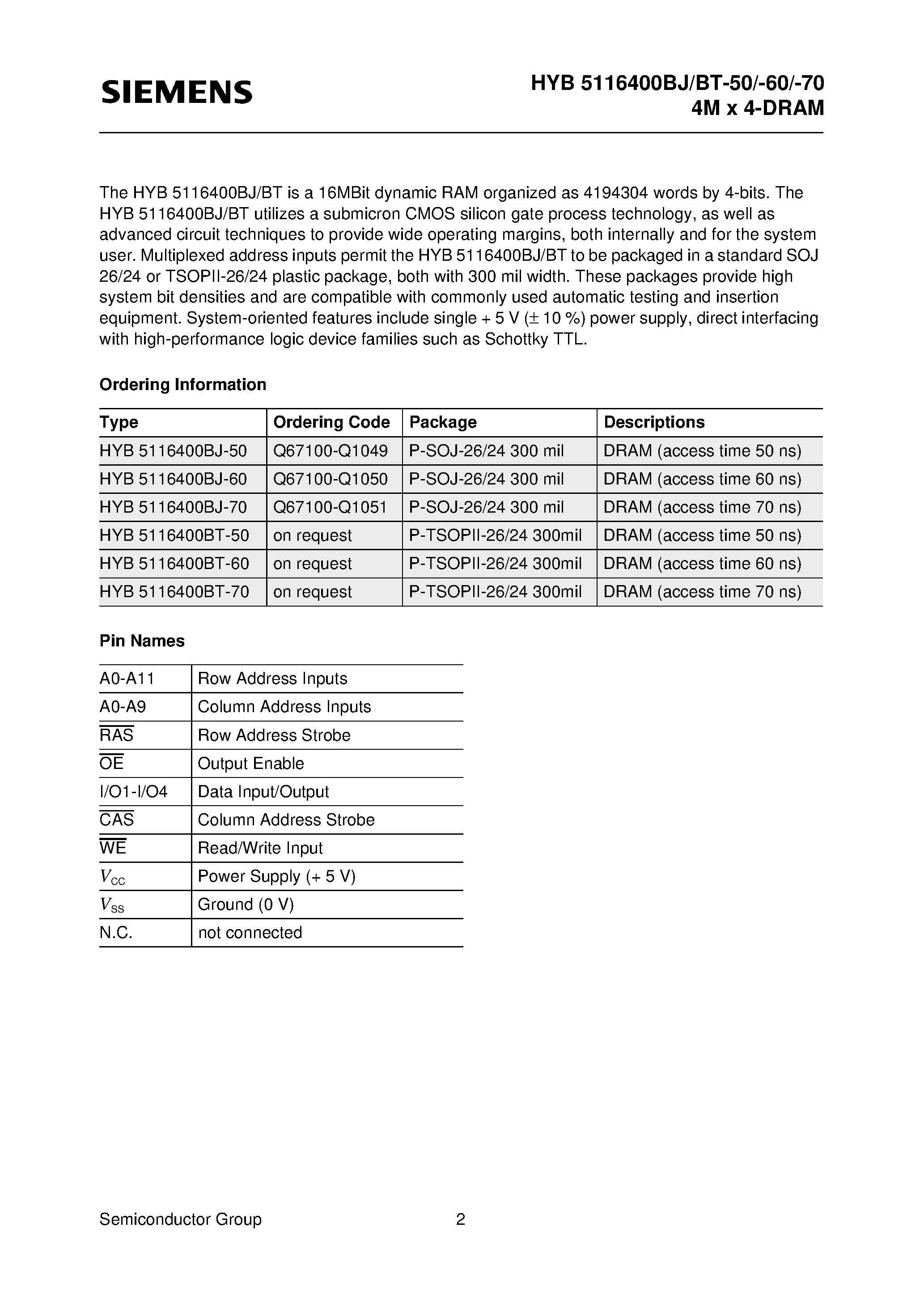 Даташит на микросхему HYB5116400BJ-70 страница 2 Даташит HYB5116400BJ-70 - 4M x 4-Bit Dynamic RAM страница 2