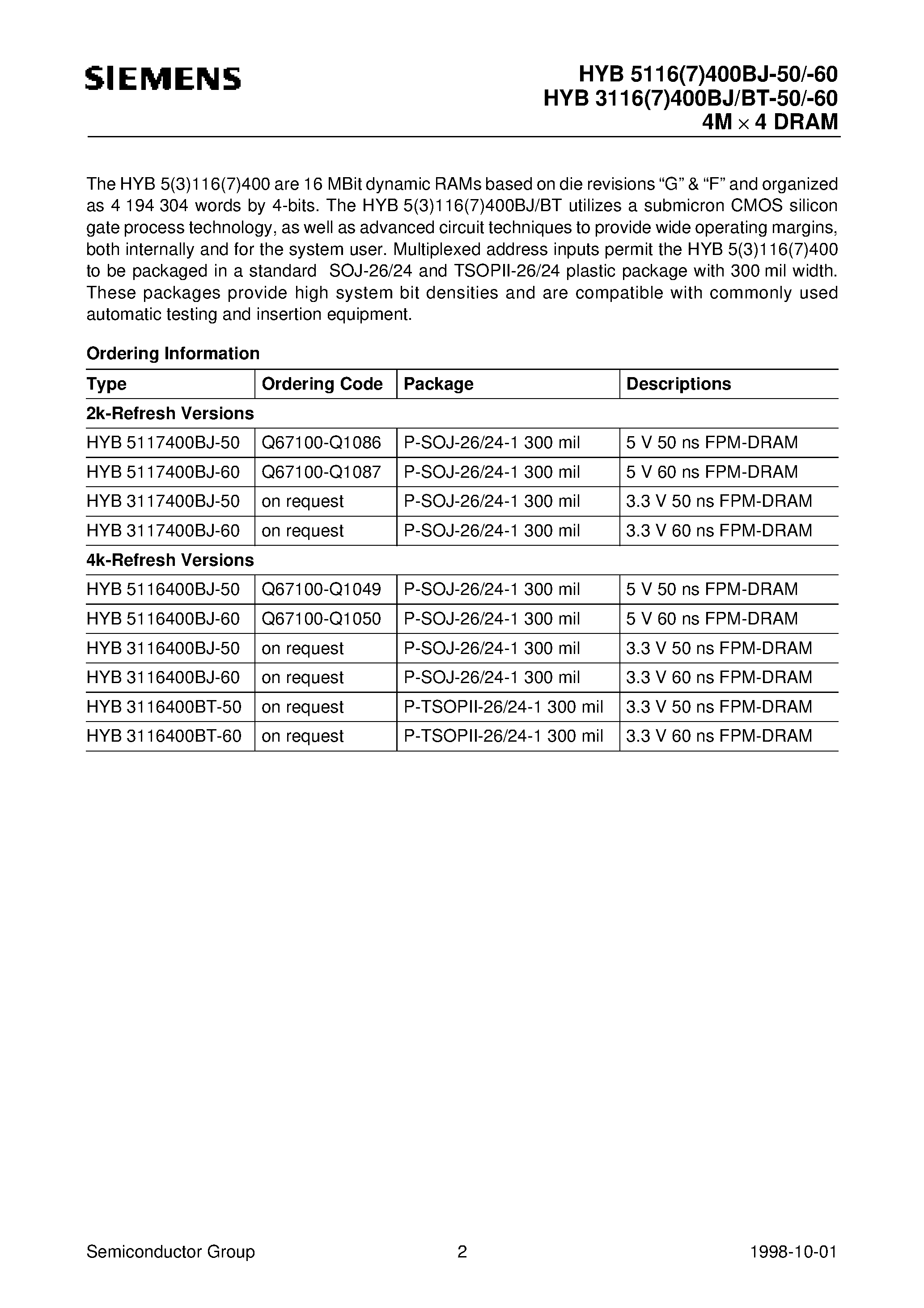 Даташит на микросхему HYB5117400BJ-50 страница 2 Даташит HYB5117400BJ-50 - 4M x 4-Bit Dynamic RAM 2k & 4k Refresh страница 2