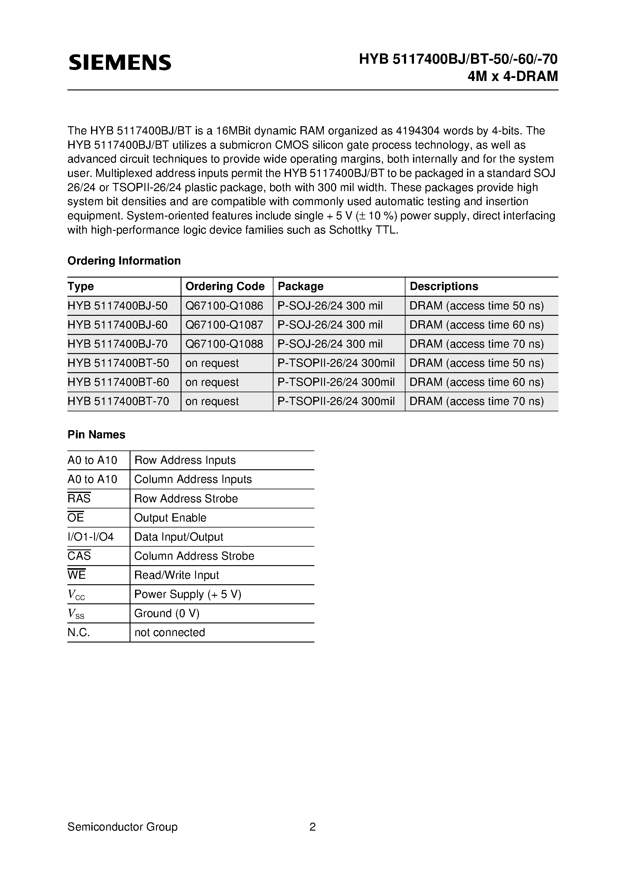 Даташит HYB5117400BT-50 - 4M x 4-Bit Dynamic RAM страница 2