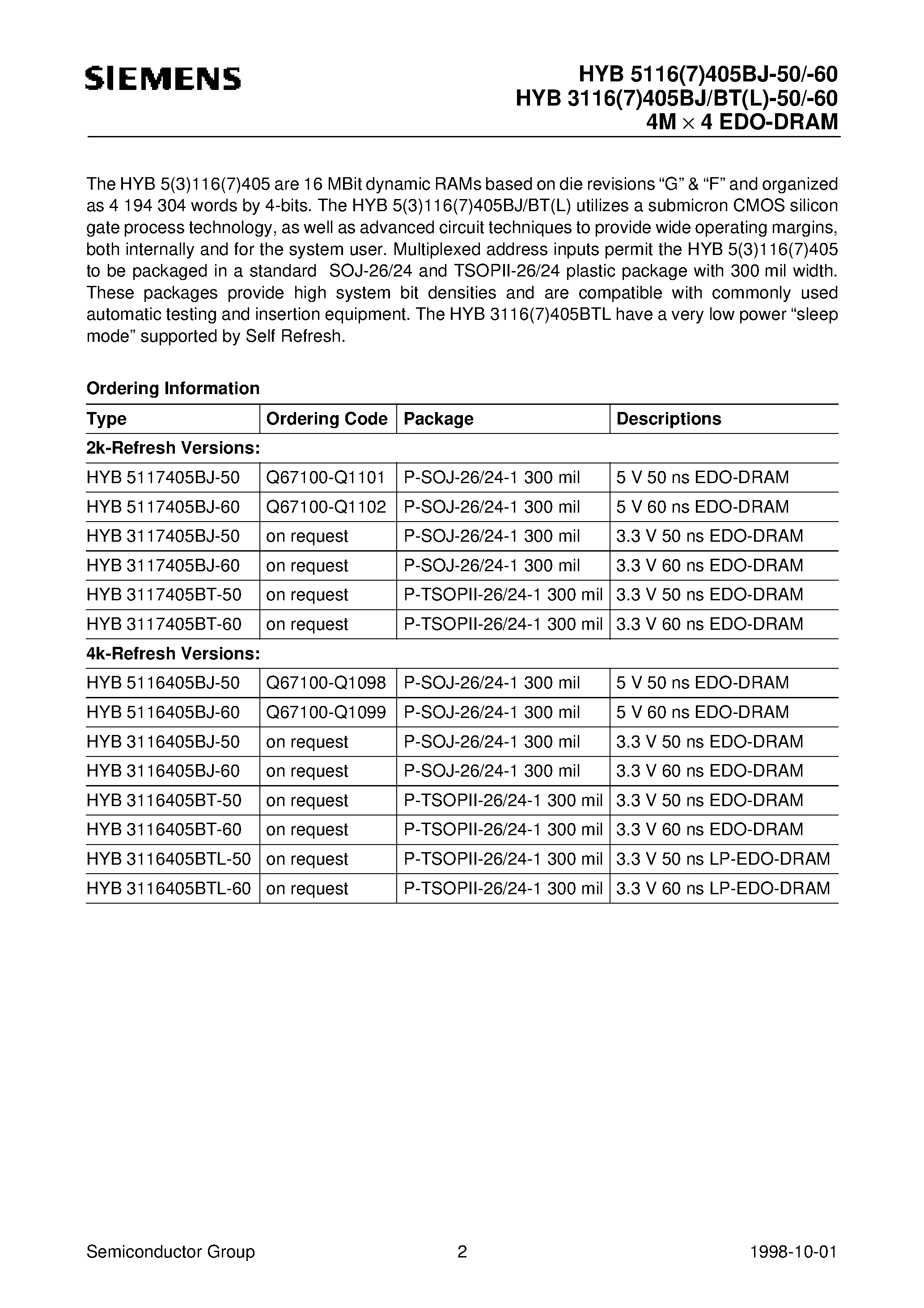 Datasheet HYB5117405BJ-60 - 4M x 4-Bit Dynamic RAM 2k & 4k Refresh page 2