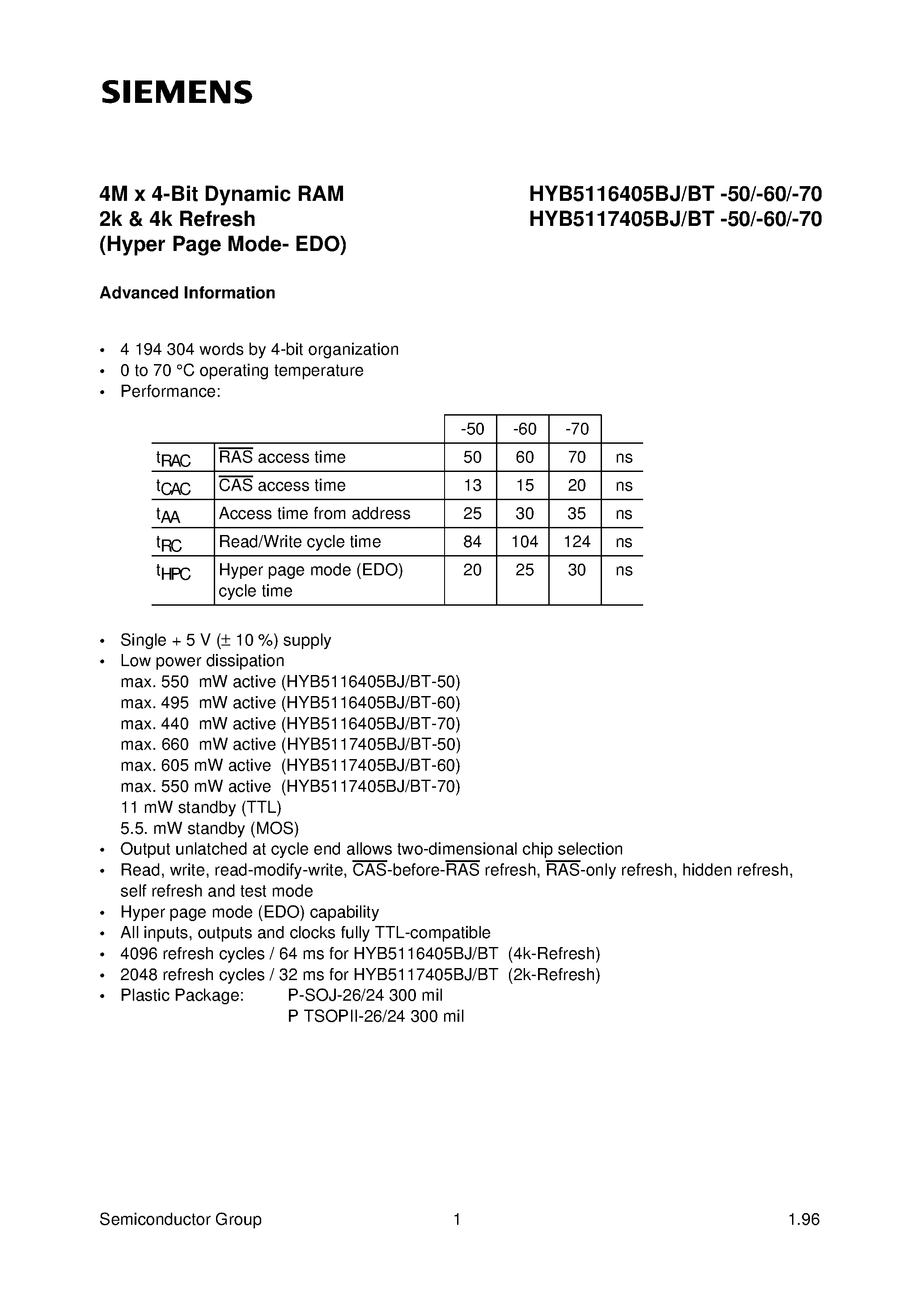 Datasheet HYB5117405BT-60 - 4M x 4-Bit Dynamic RAM 2k & 4k Refresh page 1