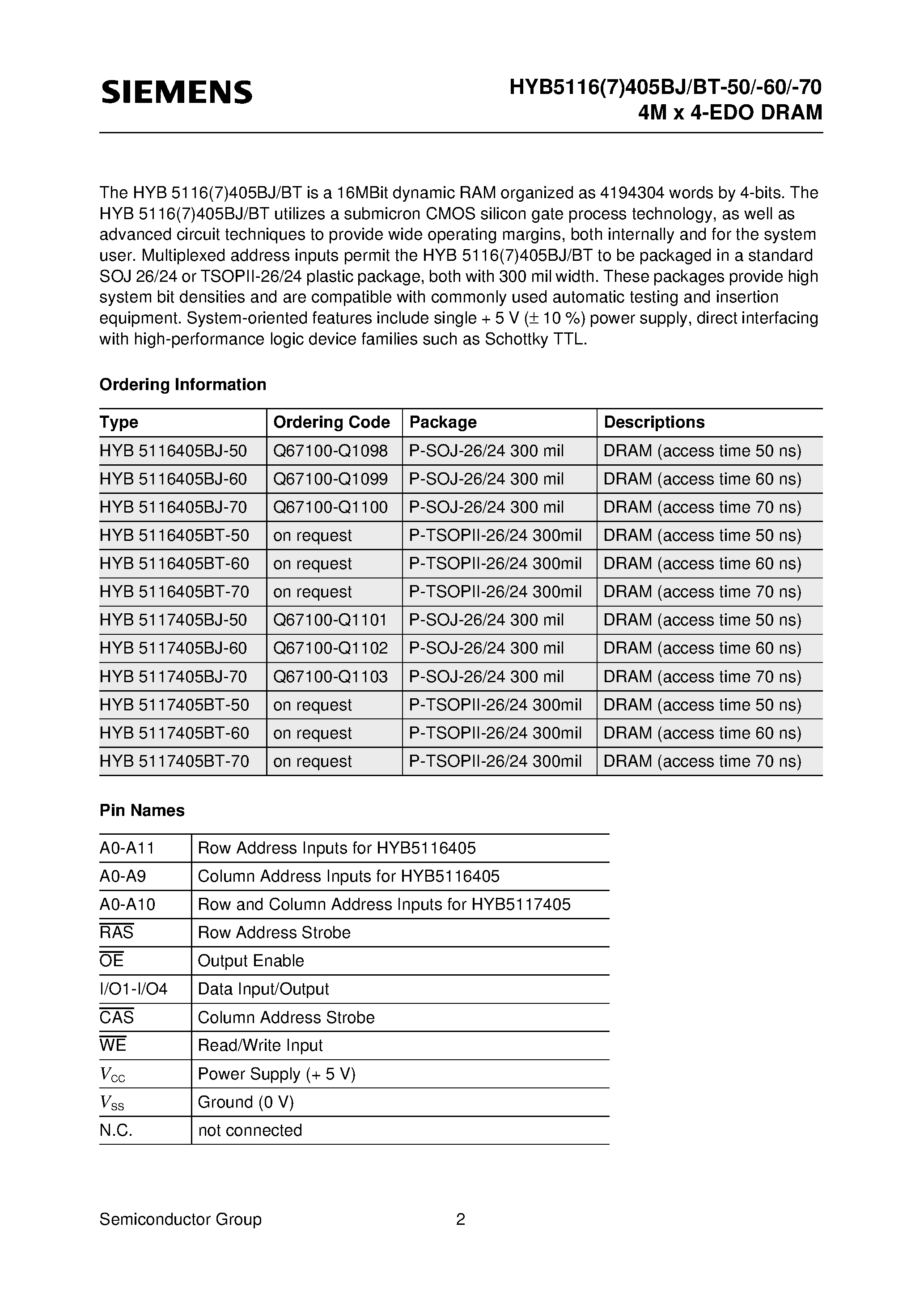 Datasheet HYB5117405BT-60 - 4M x 4-Bit Dynamic RAM 2k & 4k Refresh page 2