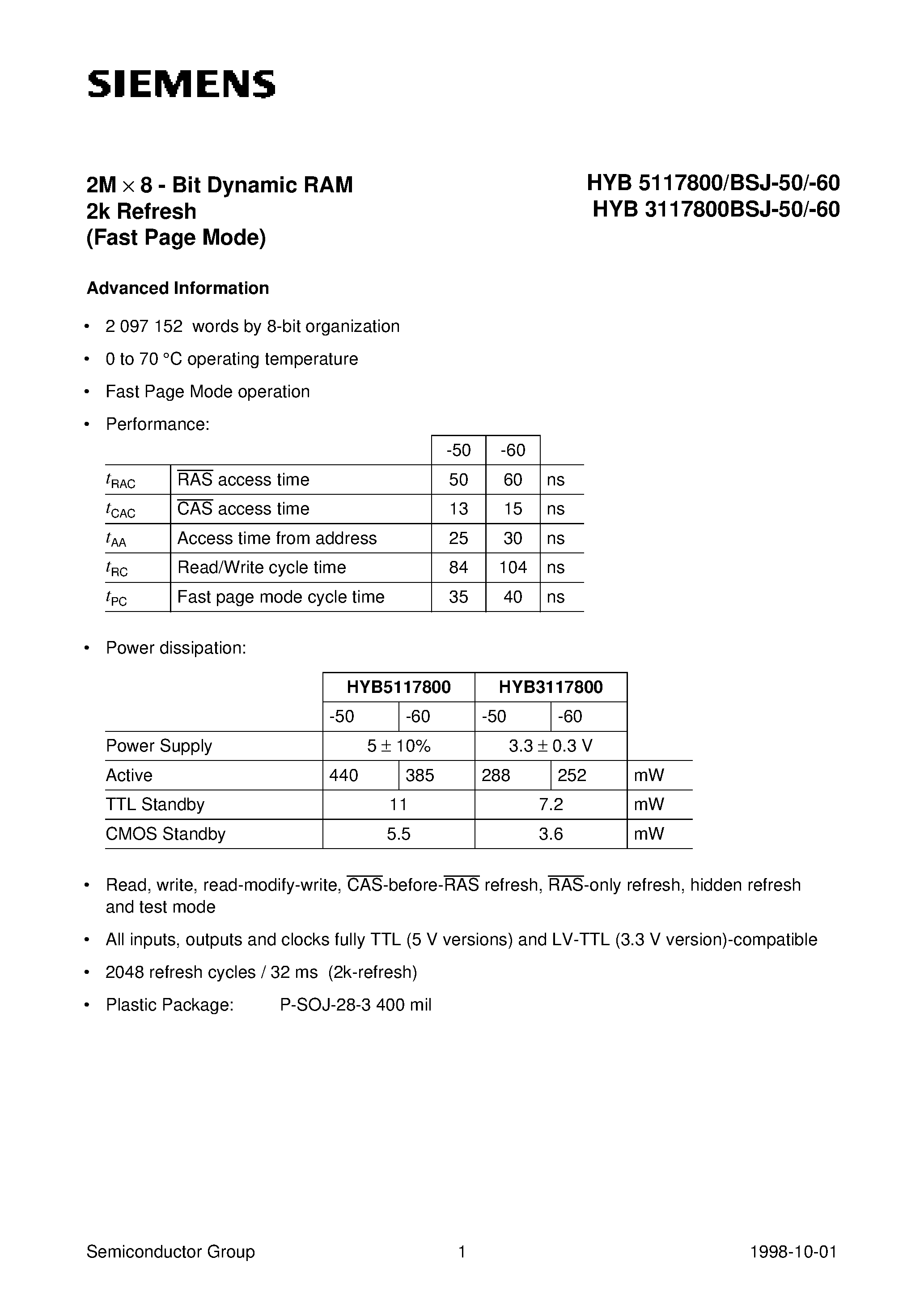 Даташит на микросхему HYB5117800BSJ-60 страница 1 Даташит HYB5117800BSJ-60 - 2M x 8-Bit Dynamic RAM страница 1